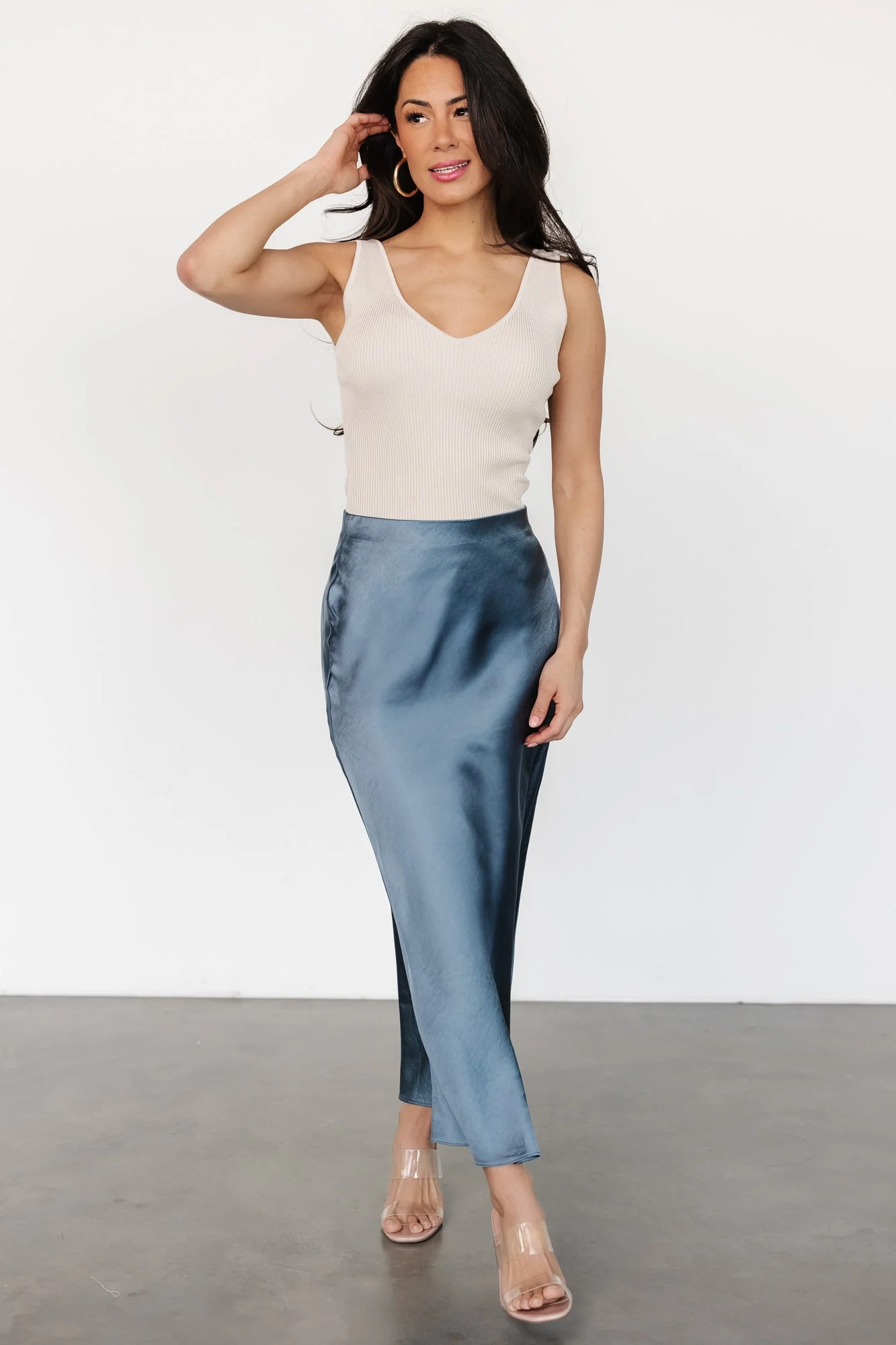 Celeste Satin Midi Skirt | Steel Blue - Jamouz