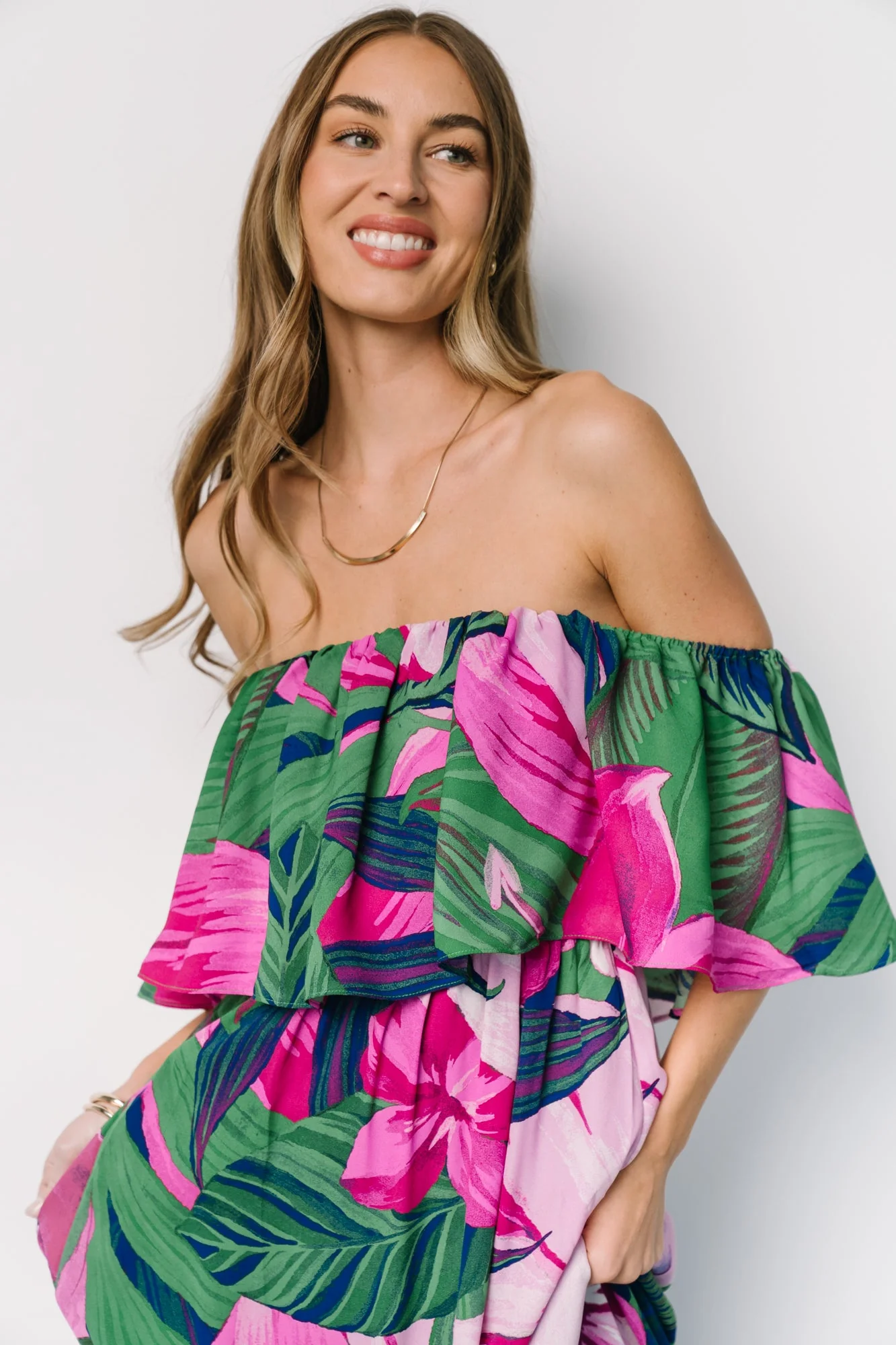 Azalea Off Shoulder Maxi Dress | Green + Fuchsia Floral - Jamouz