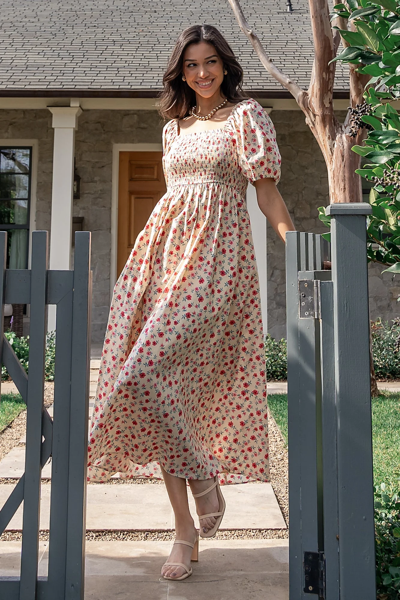 Haddie Smocked Midi Dress | Cream + Rose Floral - Jamouz