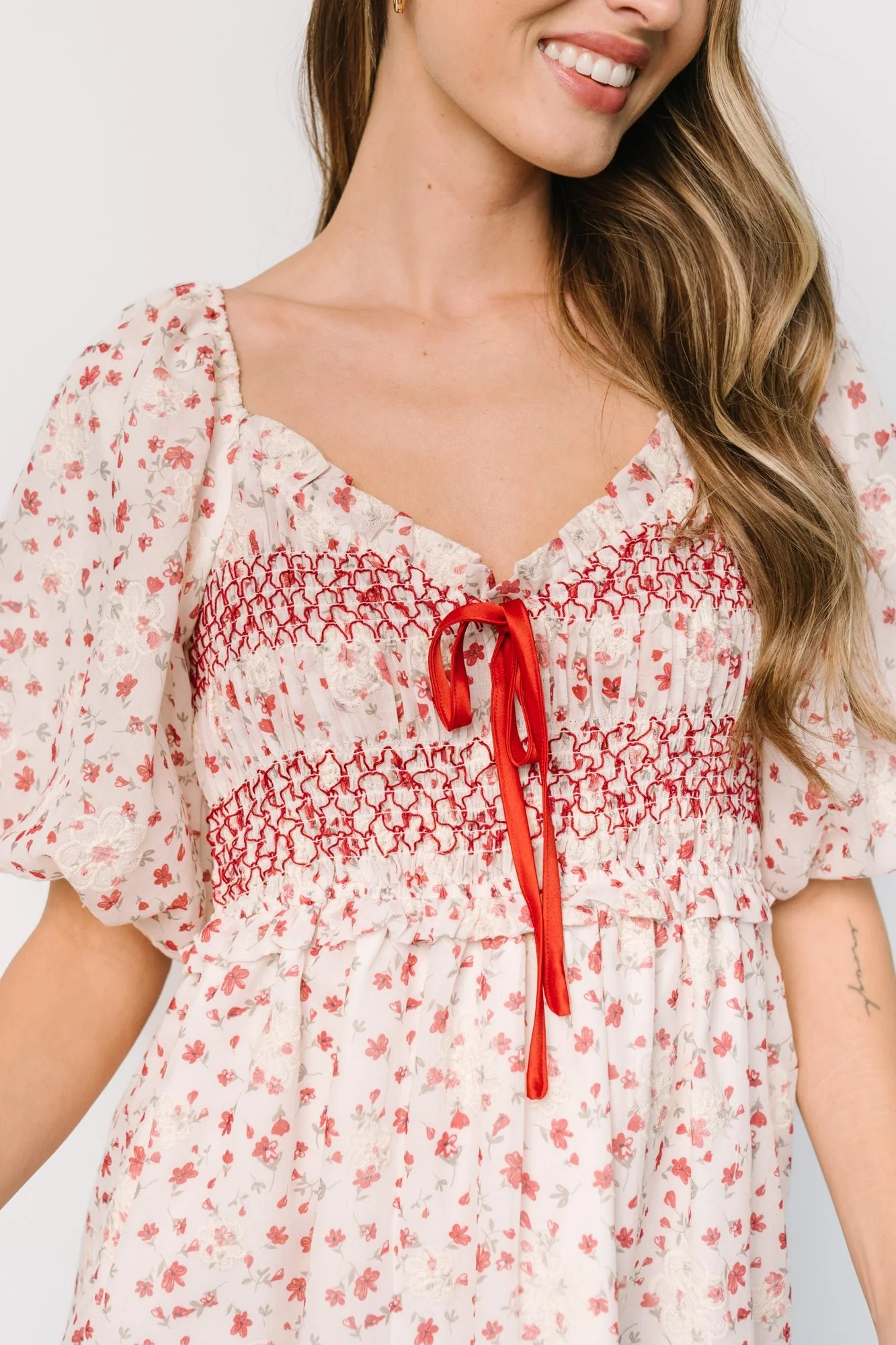 Hollie Smocked Dress | Cream + Red Floral - Jamouz