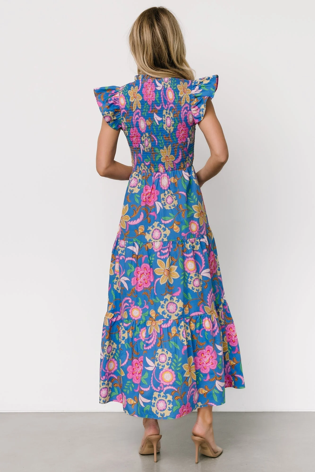Ranchero Smocked Maxi Dress | Blue Multi Print - Jamouz