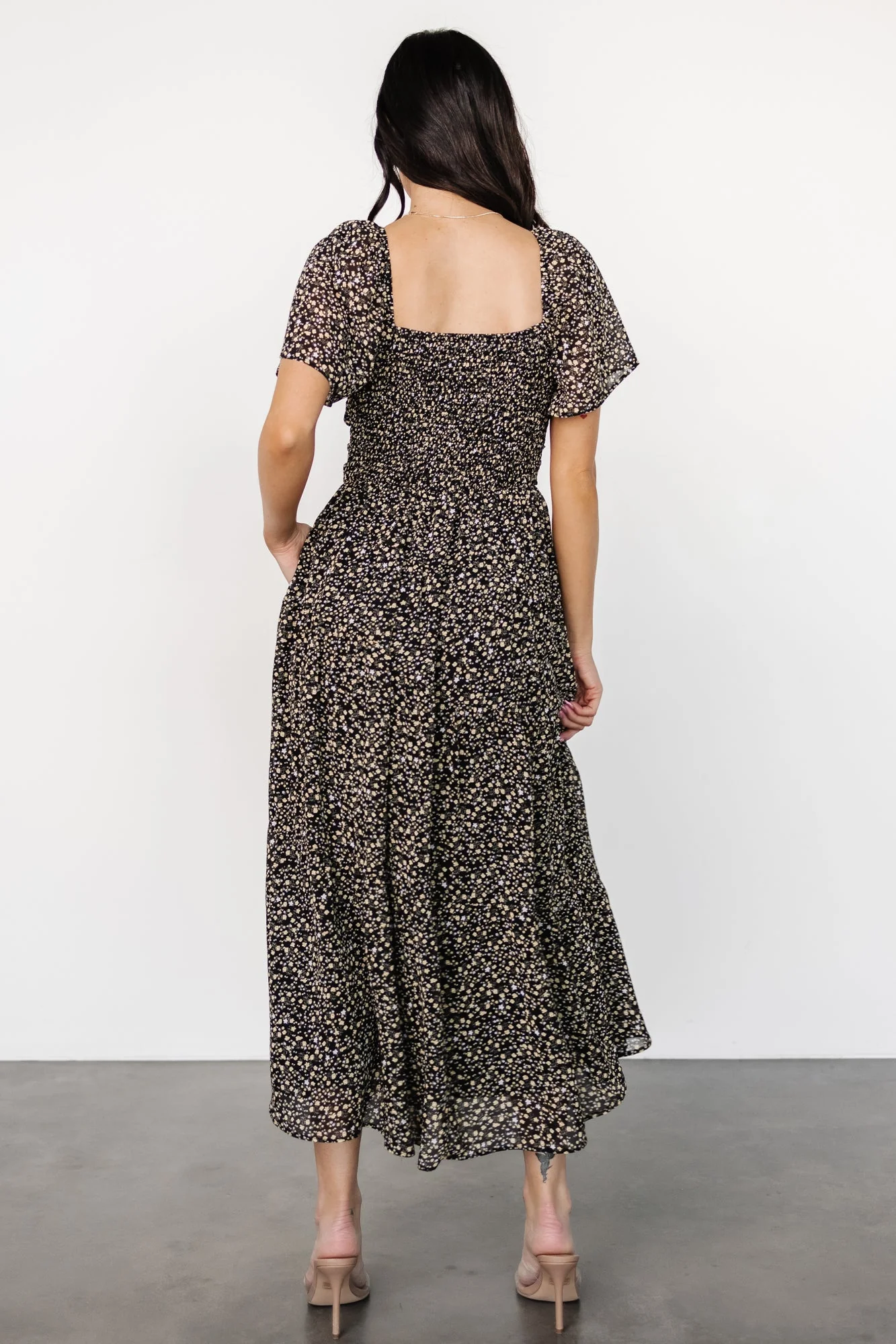 Emiliana Dress | Black + Gold Floral - Jamouz
