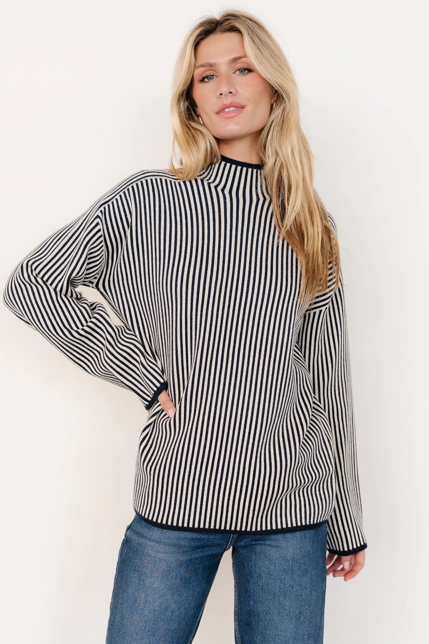 Kat Mock Neck Sweater | Navy Stripe - Jamouz