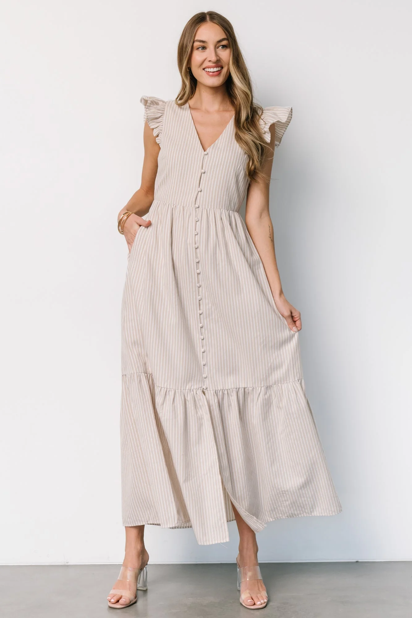 Hettie Button Maxi Dress | Beige Stripe - Jamouz