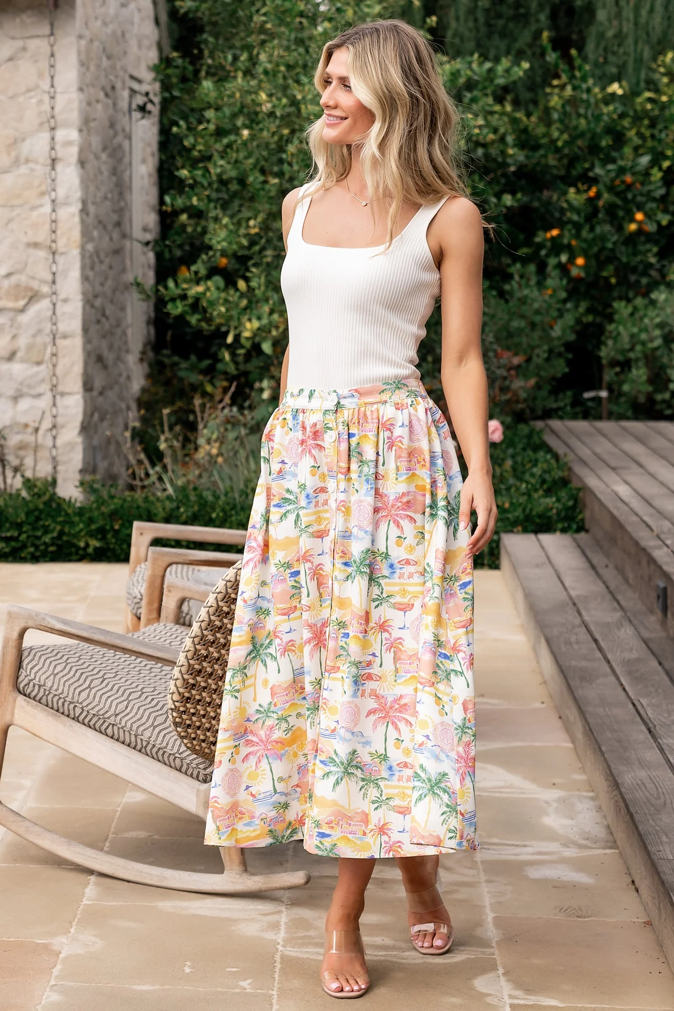 Gigi Button Midi Skirt | Off White + Multi Print - Jamouz