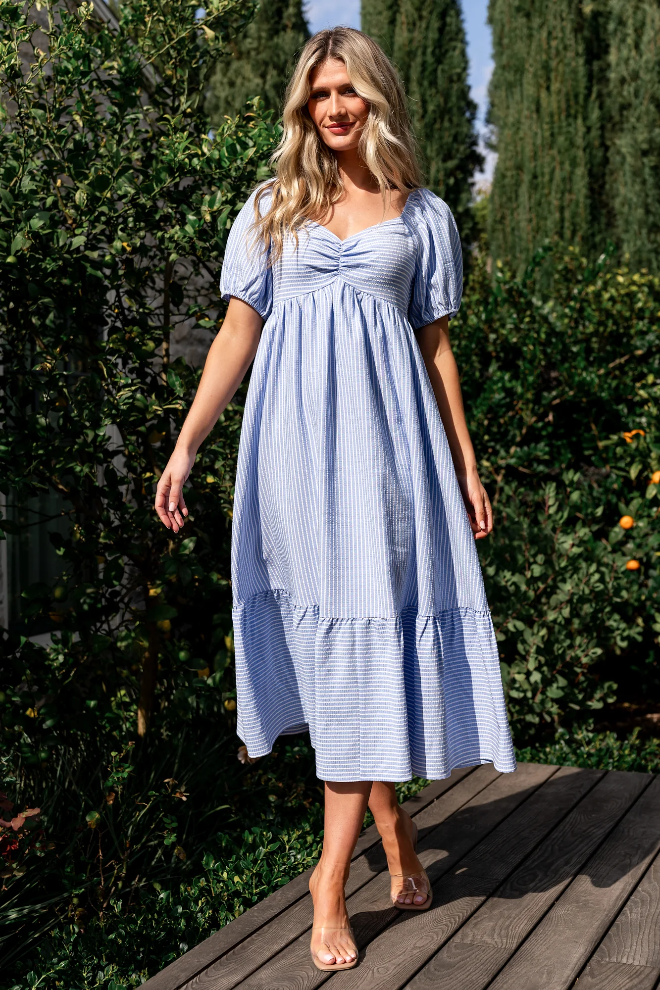 Poppy Midi Dress | Blue + Off White - Jamouz