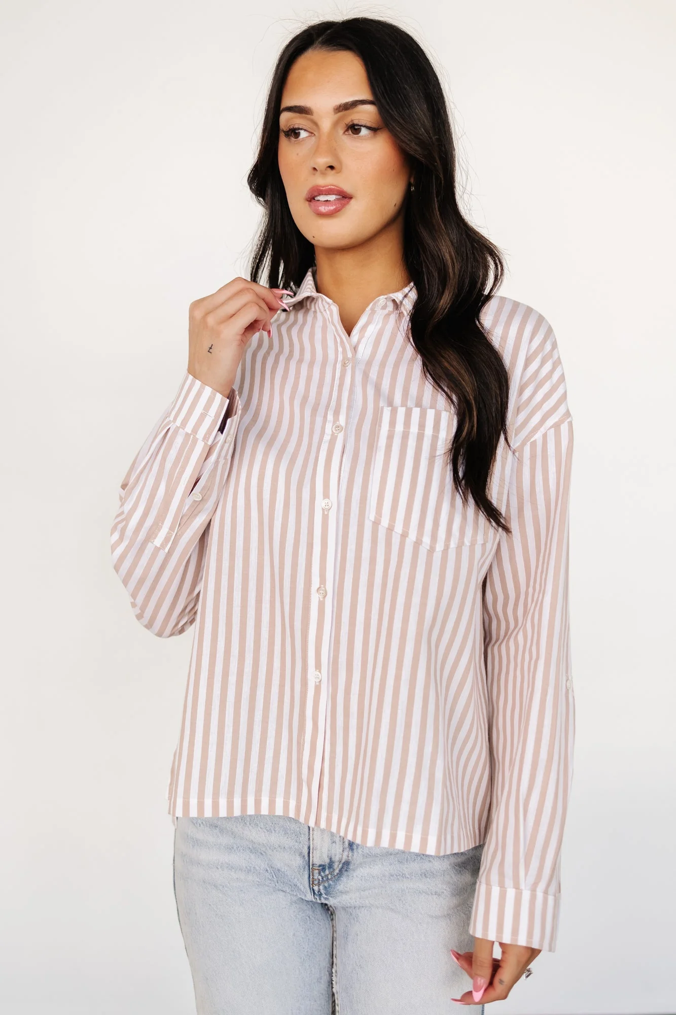 Shasta Button Up Top | Beige Stripe - Jamouz