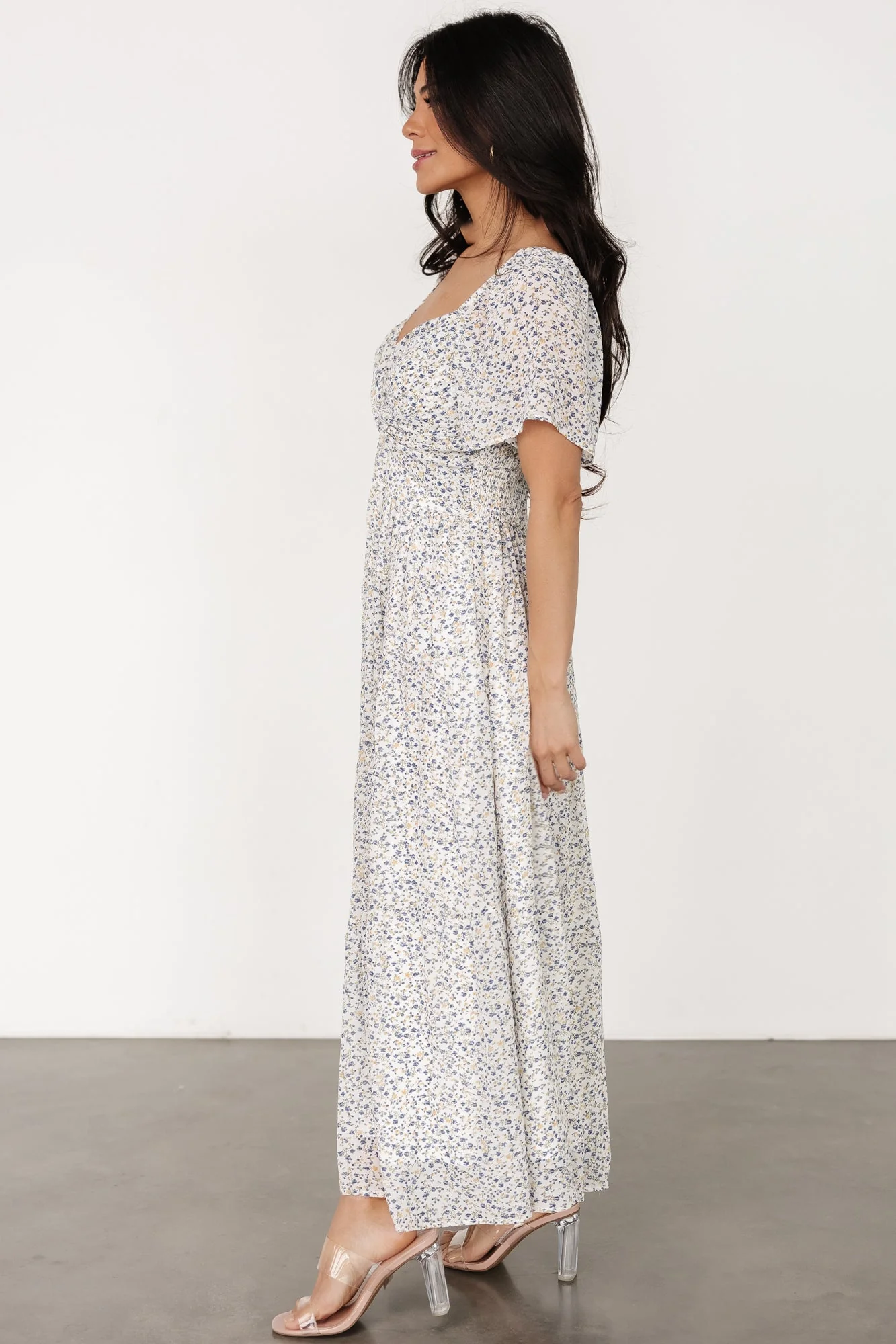 Emiliana Dress | Ivory + Blue Floral - Jamouz