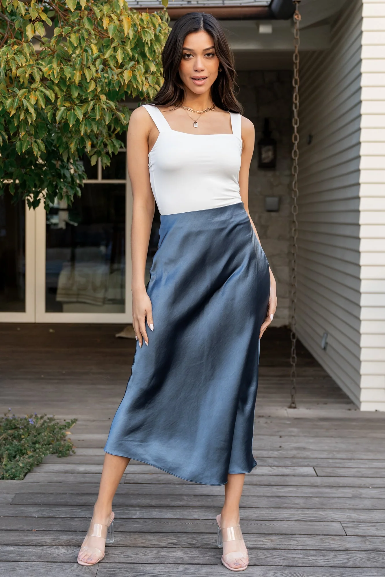 Celeste Satin Midi Skirt | Steel Blue - Jamouz