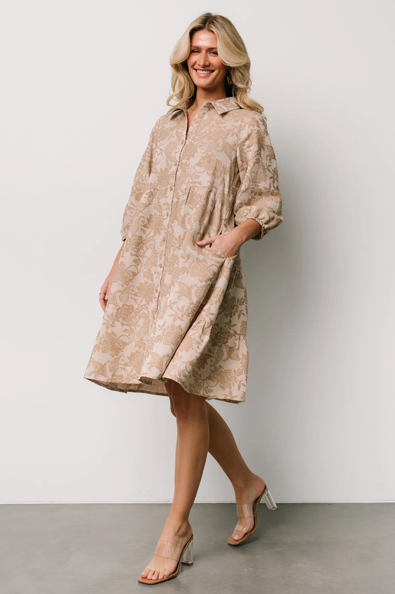 Dakota Babydoll Dress | Taupe Print - Jamouz