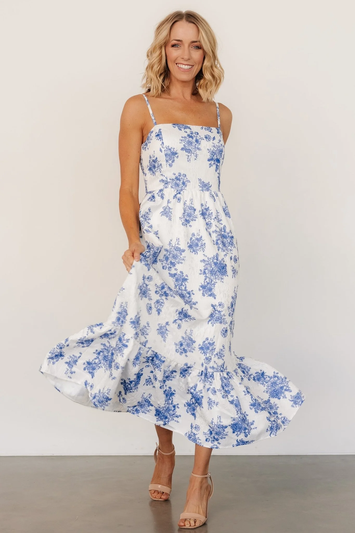 Cherie Jacquard Dress | Off White + Blue Floral - Jamouz