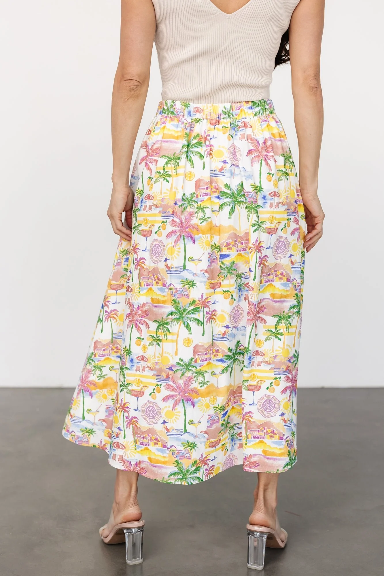 Gigi Button Midi Skirt | Off White + Multi Print - Jamouz