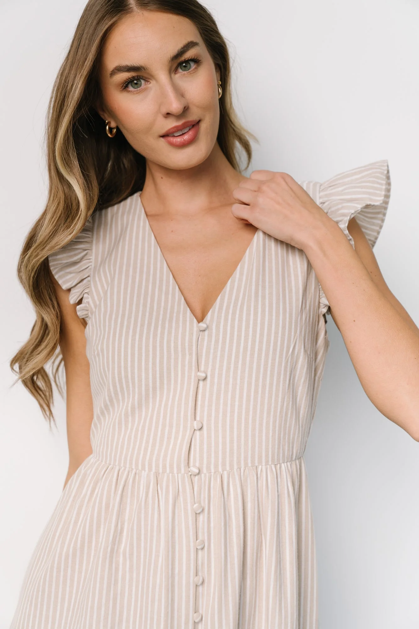 Hettie Button Maxi Dress | Beige Stripe - Jamouz