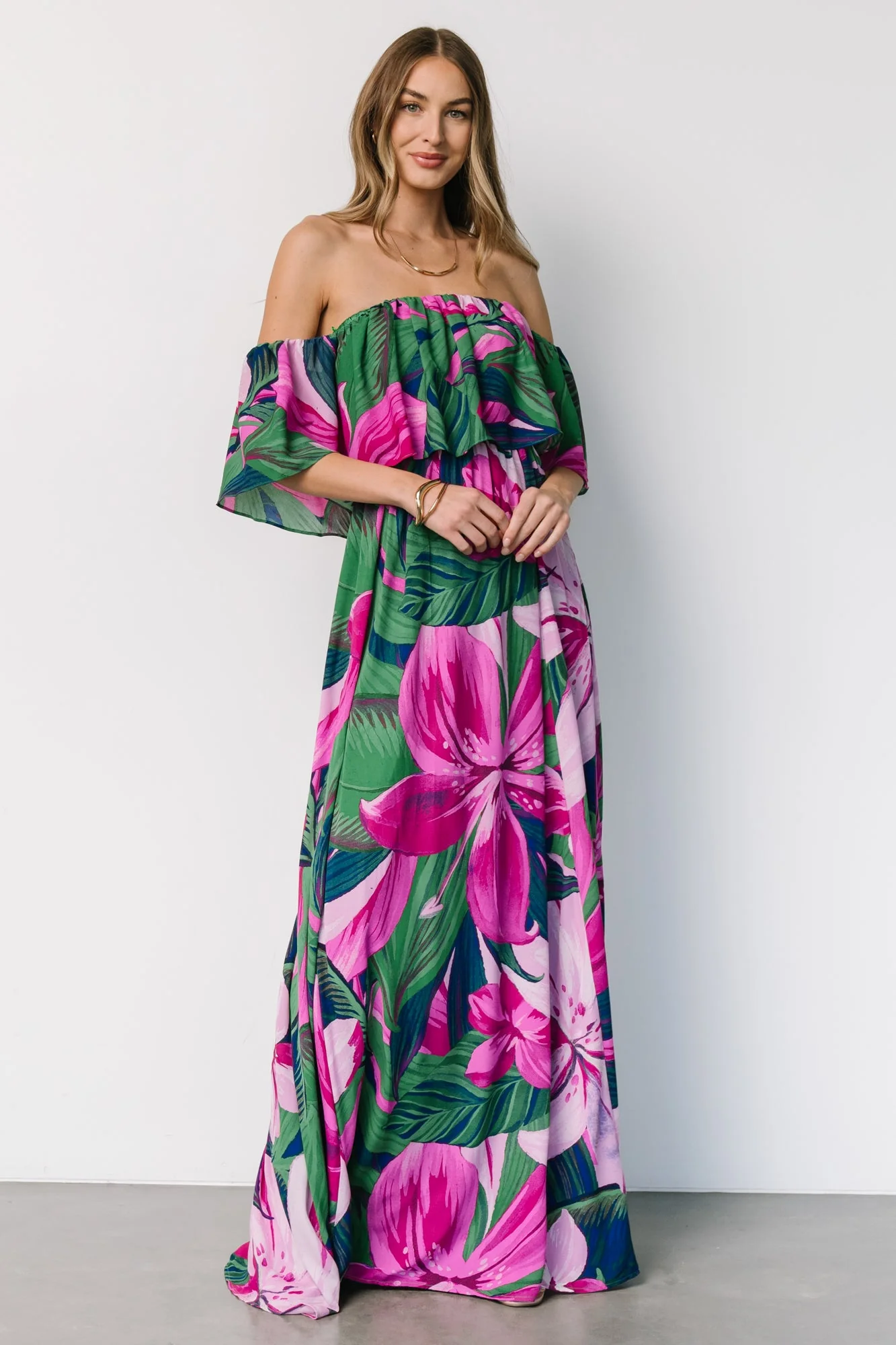 Azalea Off Shoulder Maxi Dress | Green + Fuchsia Floral - Jamouz