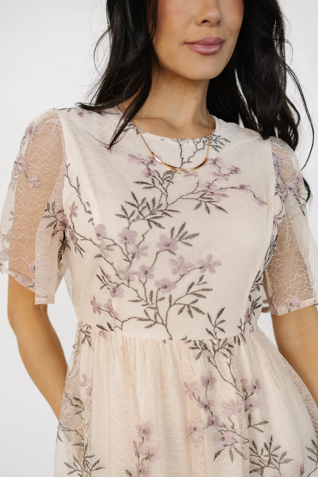 Ashlee Embroidered Midi Dress | Cream + Lavender Floral - Jamouz