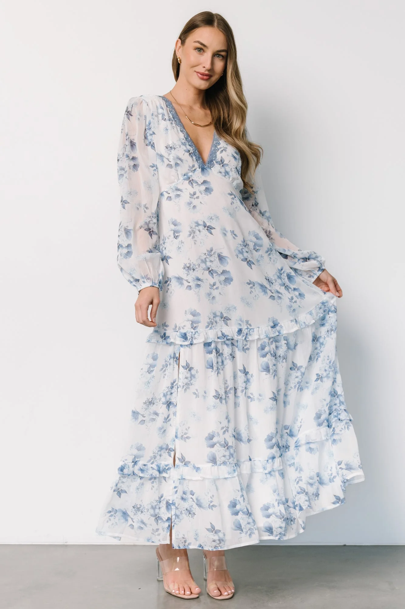 Rumi Deep V Maxi Dress | Off White + Blue Floral - Jamouz