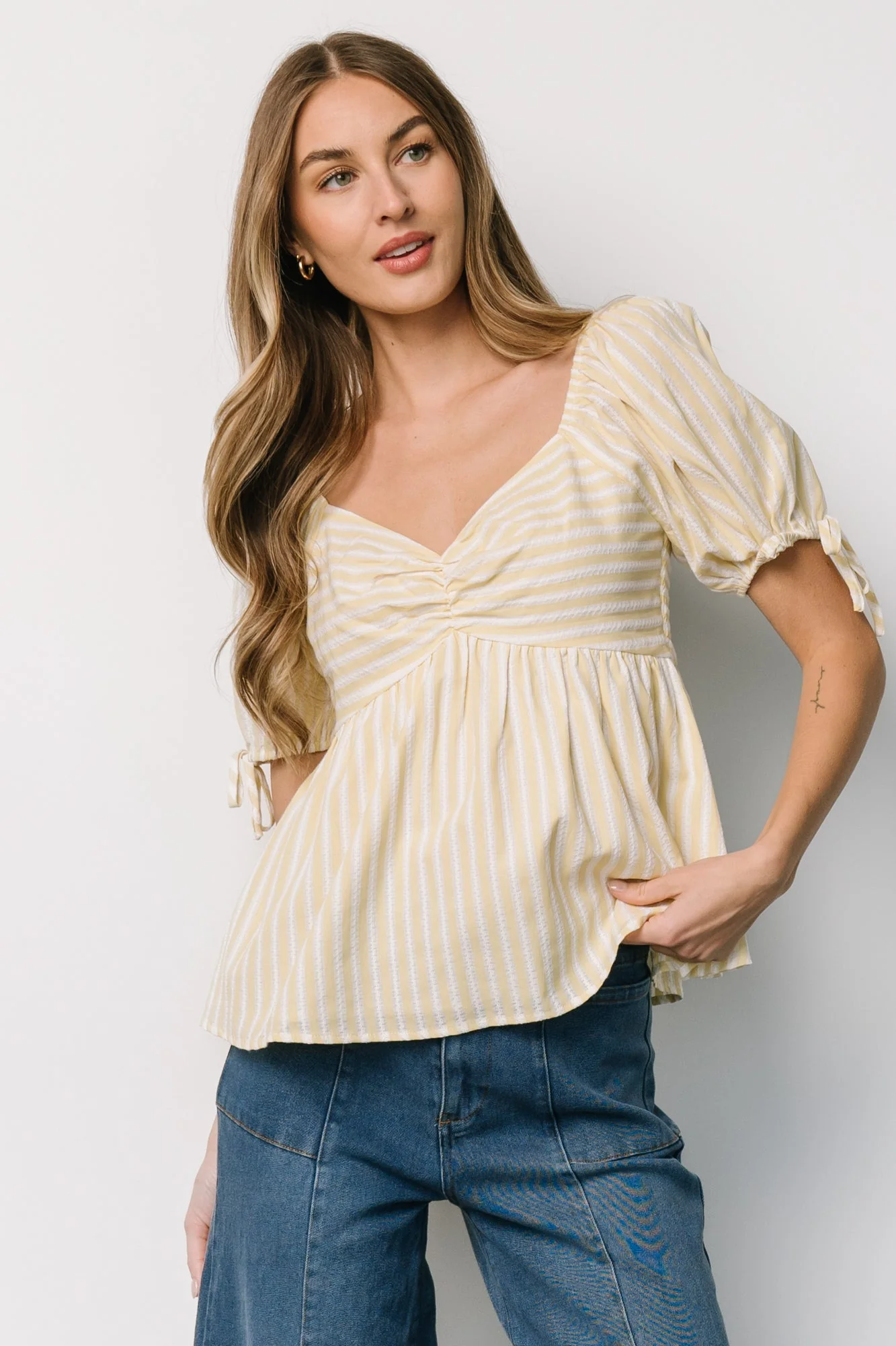 Betsy Peplum Top | Yellow + White Stripe - Jamouz