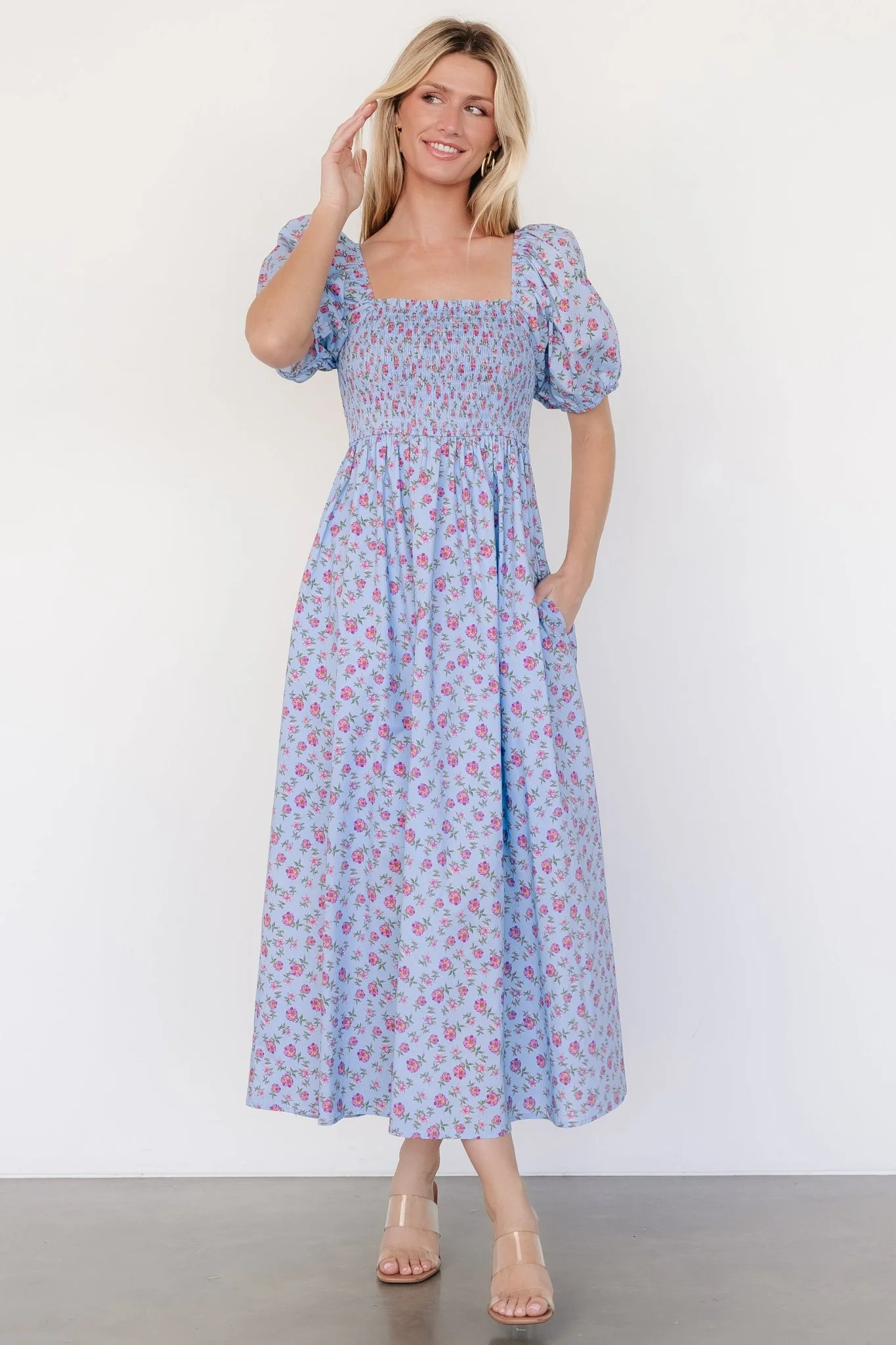 Haddie Smocked Midi Dress | Light Blue + Rose Floral - Jamouz