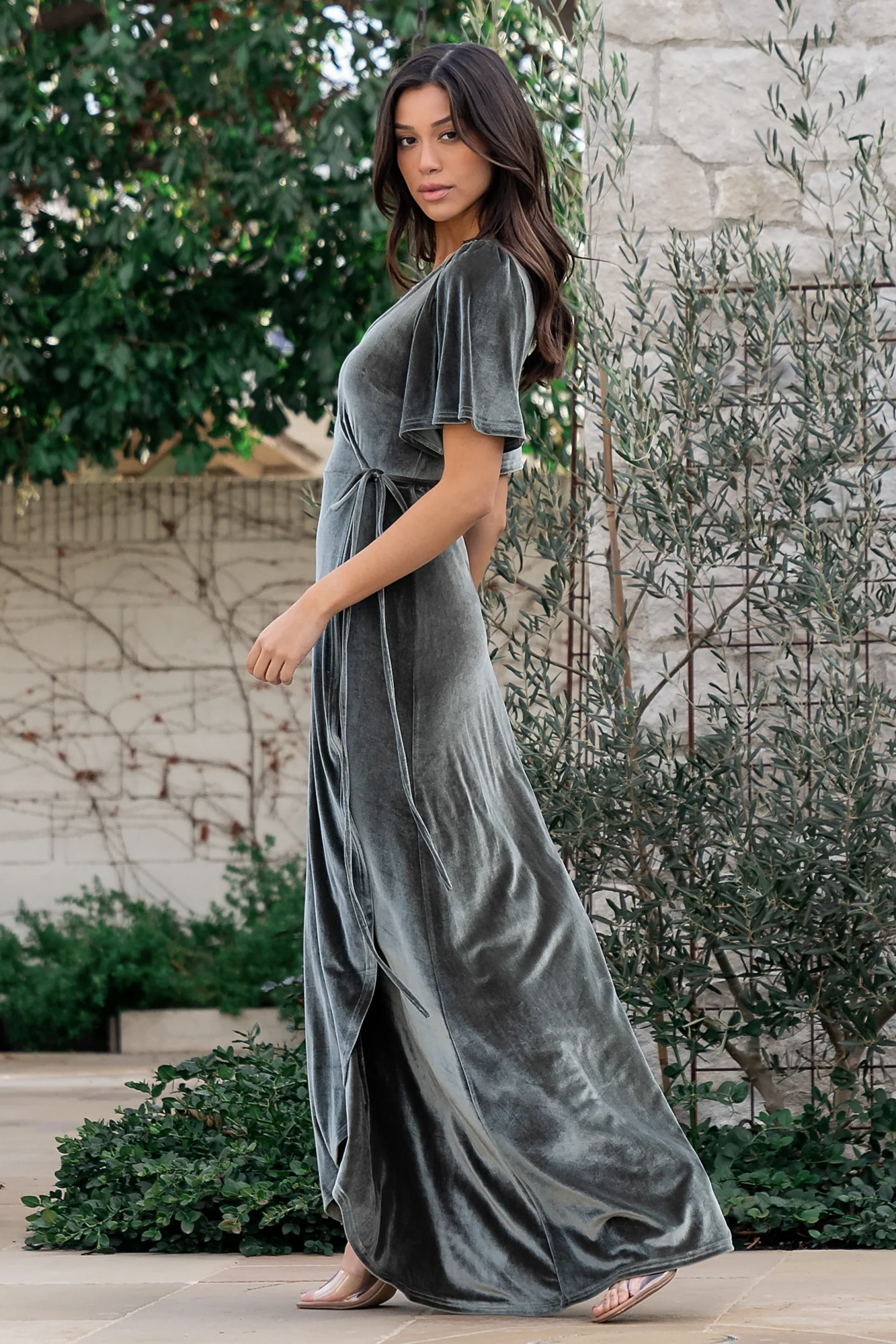 Katelyn Velvet Maxi Wrap Dress | Eucalyptus - Jamouz