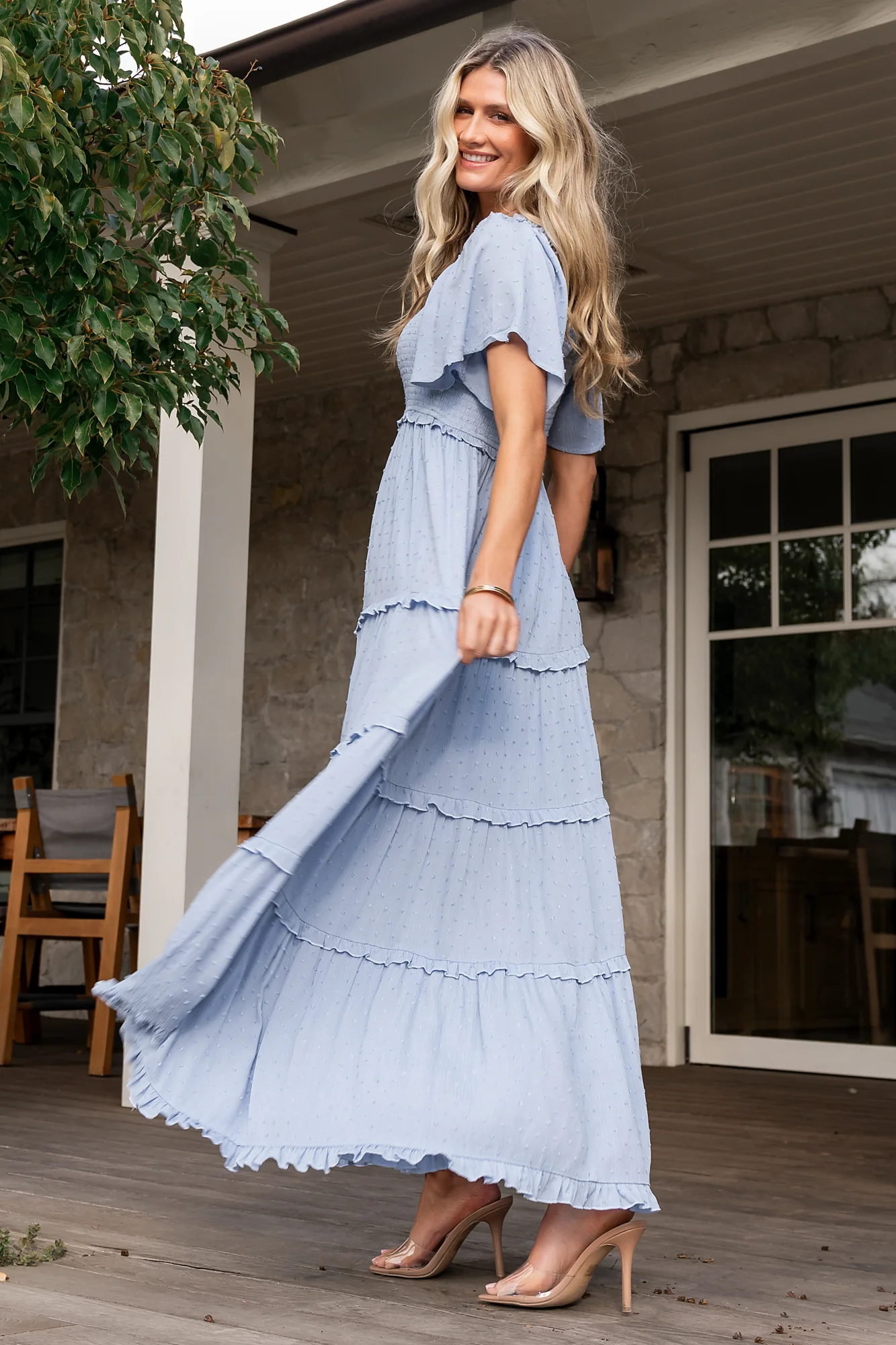 Lenora Smocked Dotted Maxi Dress | Dusty Blue - Jamouz