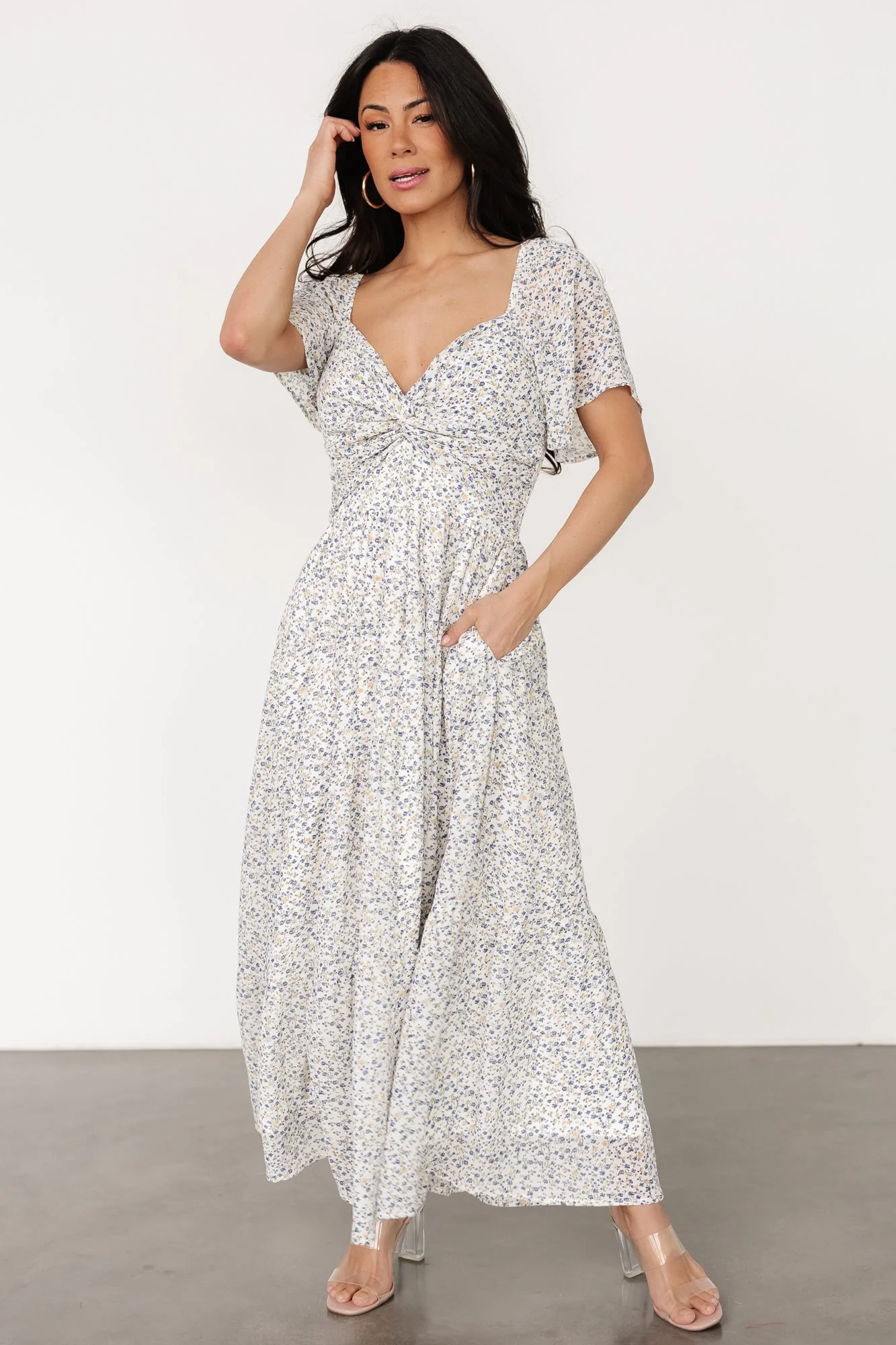 Emiliana Dress | Ivory + Blue Floral - Jamouz