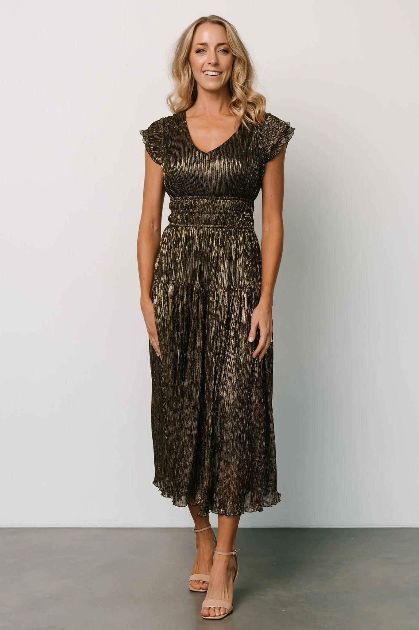 Miley Pleated Shimmer Dress | Gold - Jamouz
