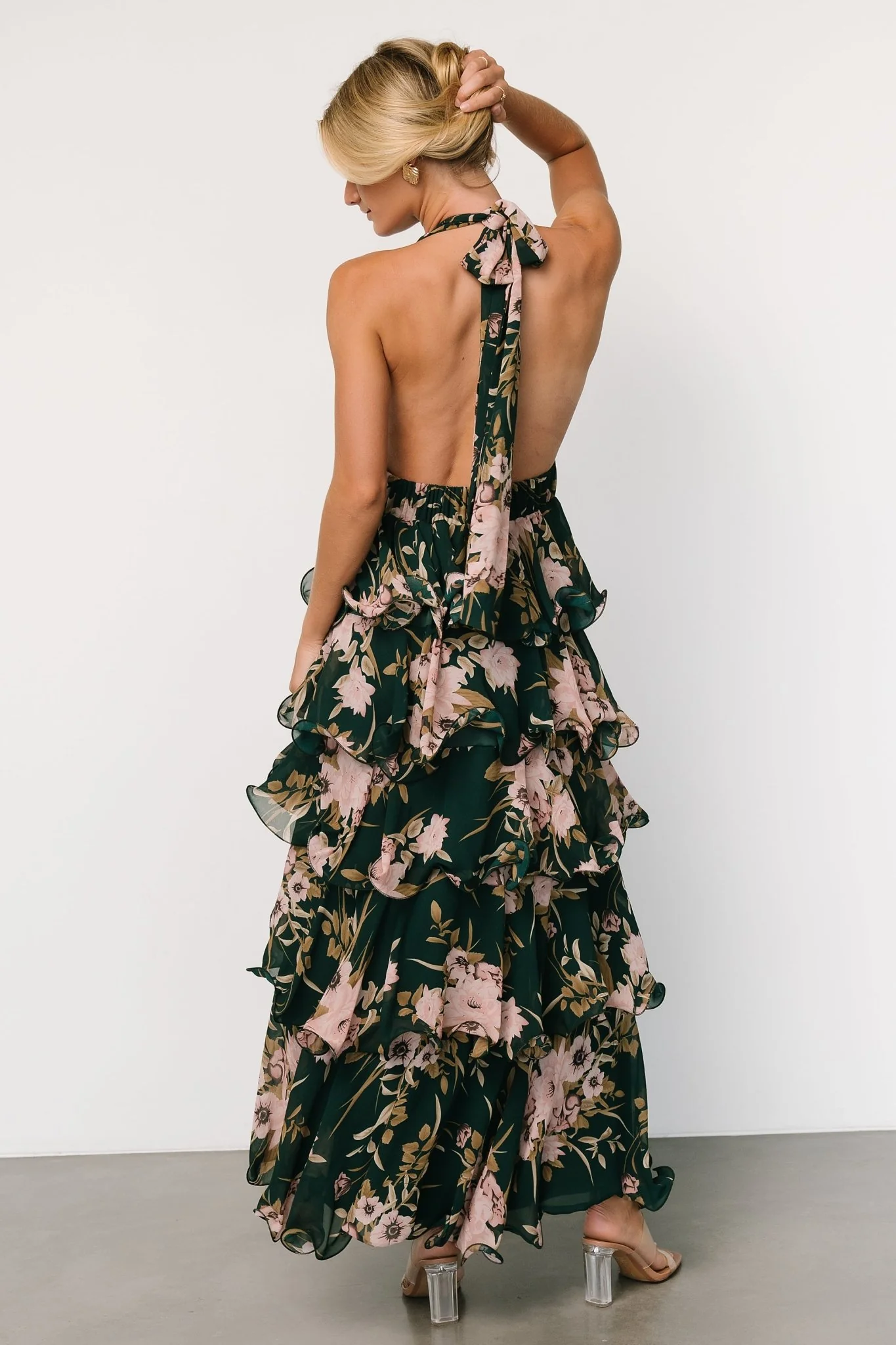 Jesslyn Open Back Tiered Maxi Dress | Green + Pink - Jamouz