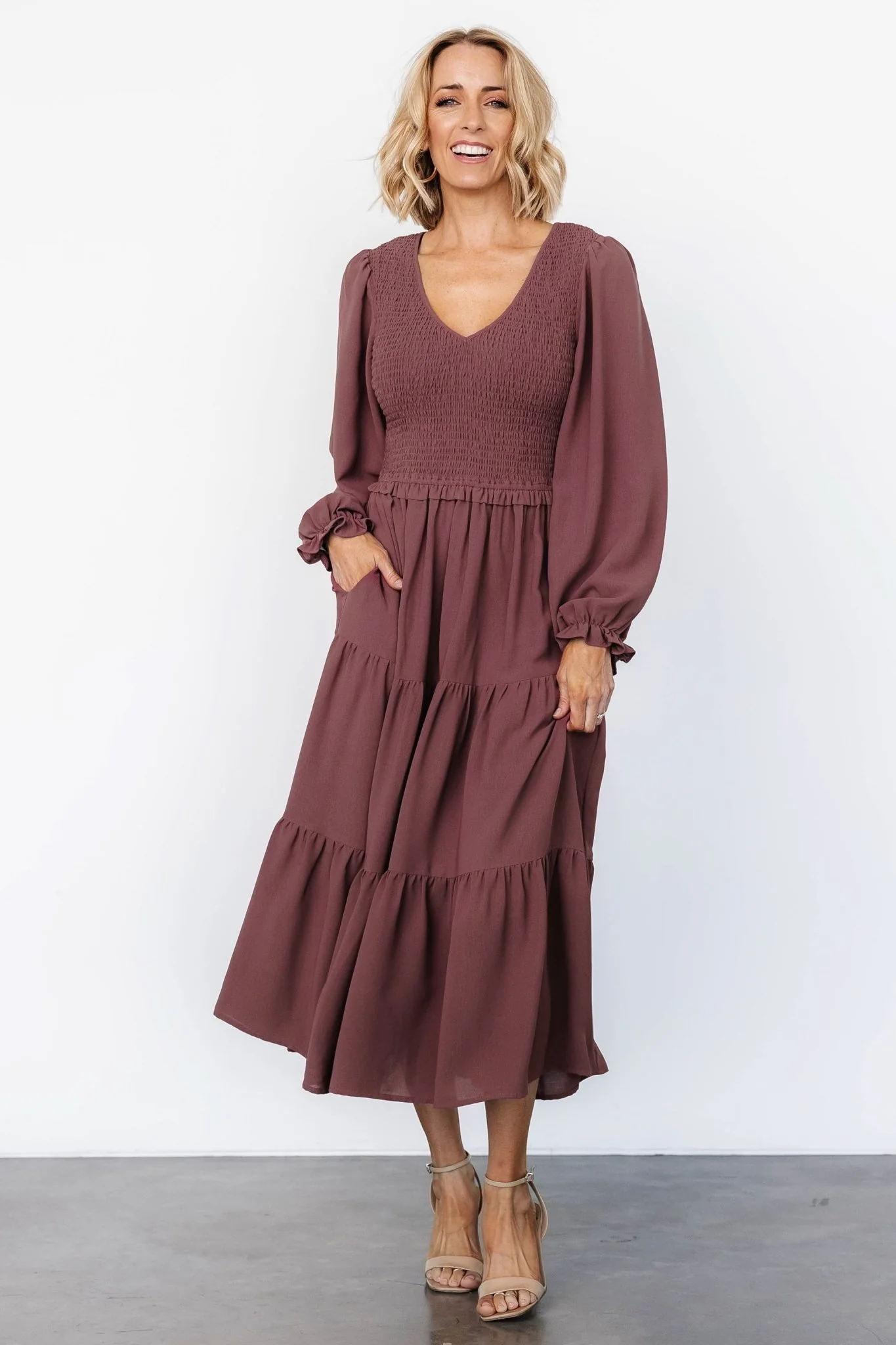 Endsley Smocked Midi Dress | Mauve - Jamouz
