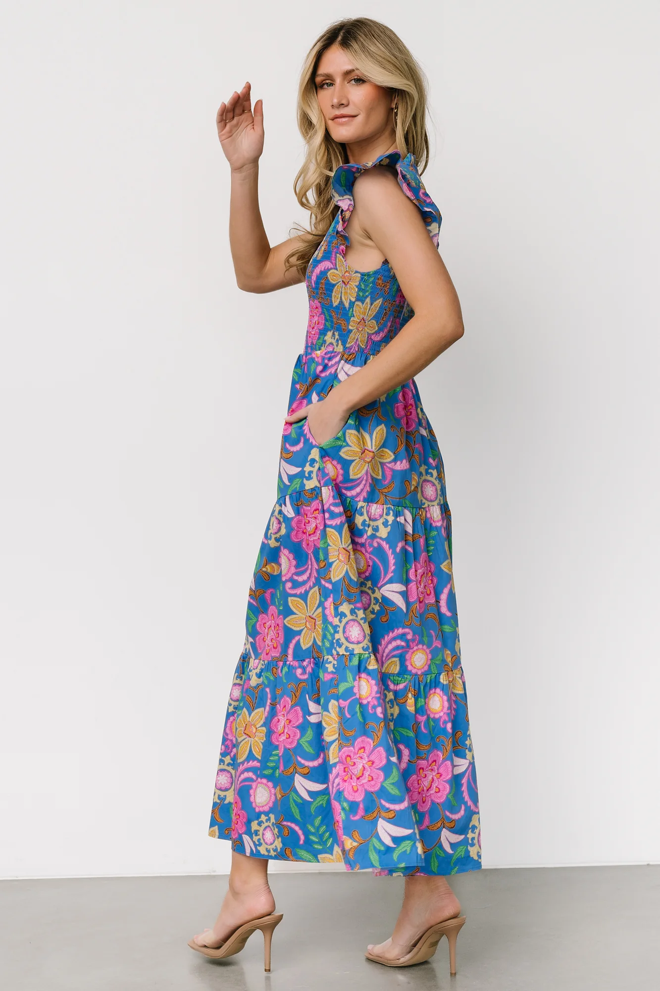 Ranchero Smocked Maxi Dress | Blue Multi Print - Jamouz