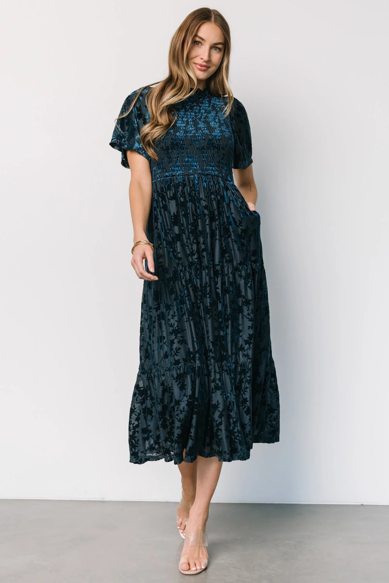 Callen Smocked Velvet Dress | Deep Blue - Jamouz