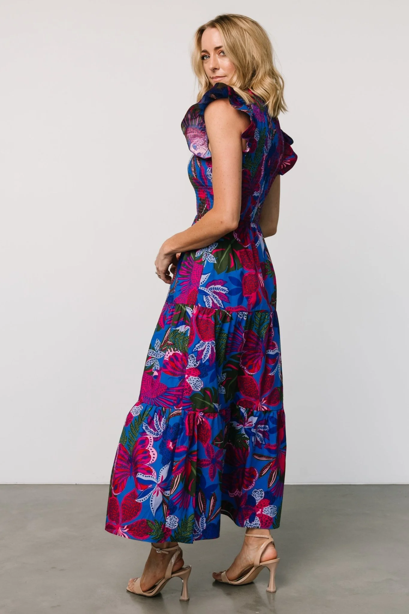 Ranchero Smocked Maxi Dress | Cobalt + Fuchsia Print - Jamouz