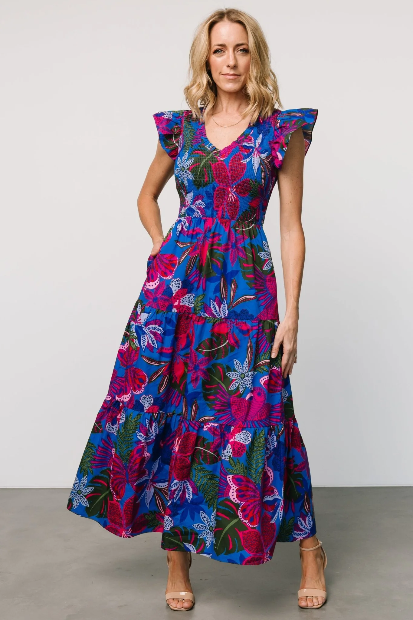 Ranchero Smocked Maxi Dress | Cobalt + Fuchsia Print - Jamouz