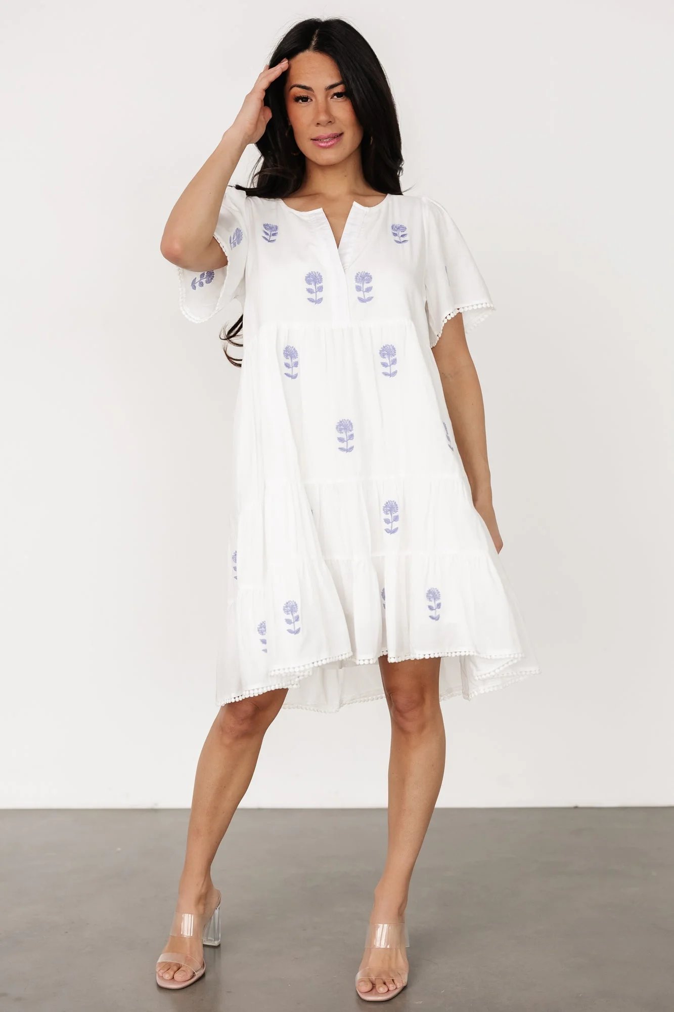 Keegan Short Dress | Ivory + Blue Floral - Jamouz