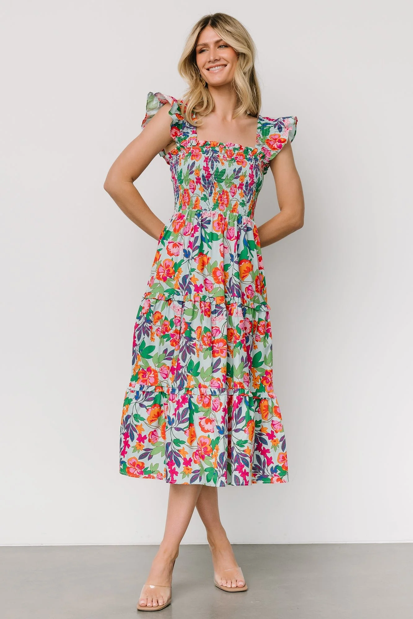 Harper Smocked Midi Dress | Blue Multi Floral - Jamouz