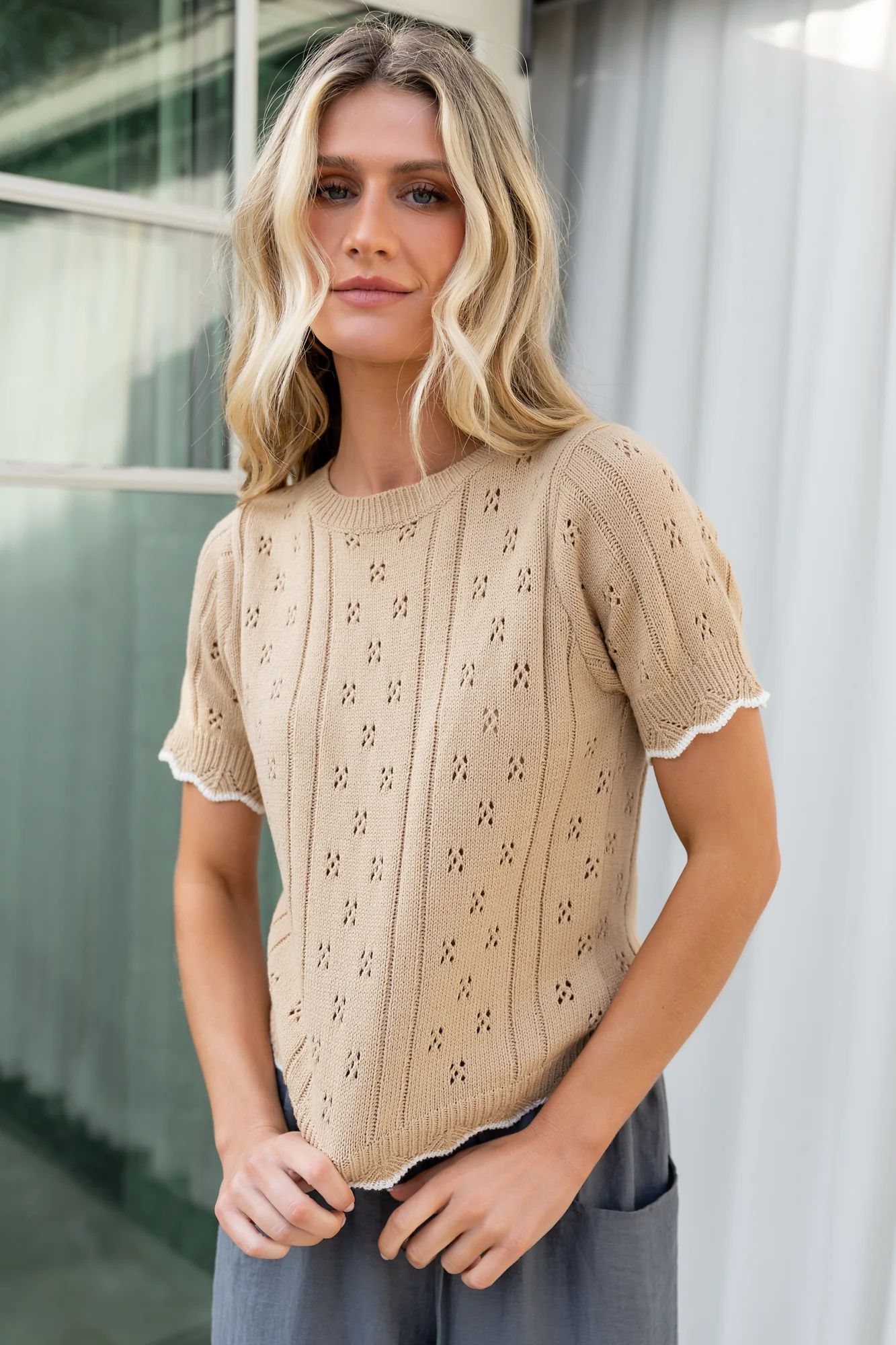 Britt Pointelle Knit Top | Natural + Ivory - Jamouz