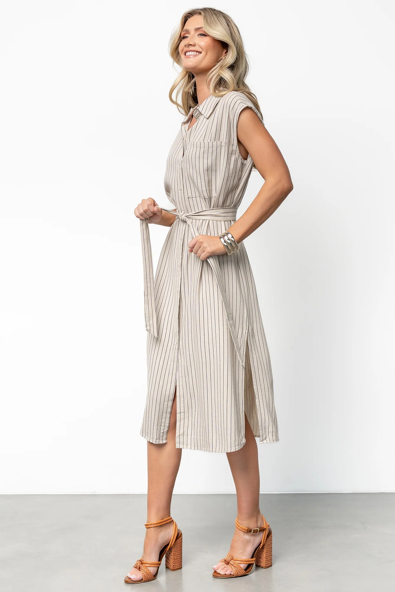 Toledo Button Up Midi Dress | Beige Stripe - Jamouz