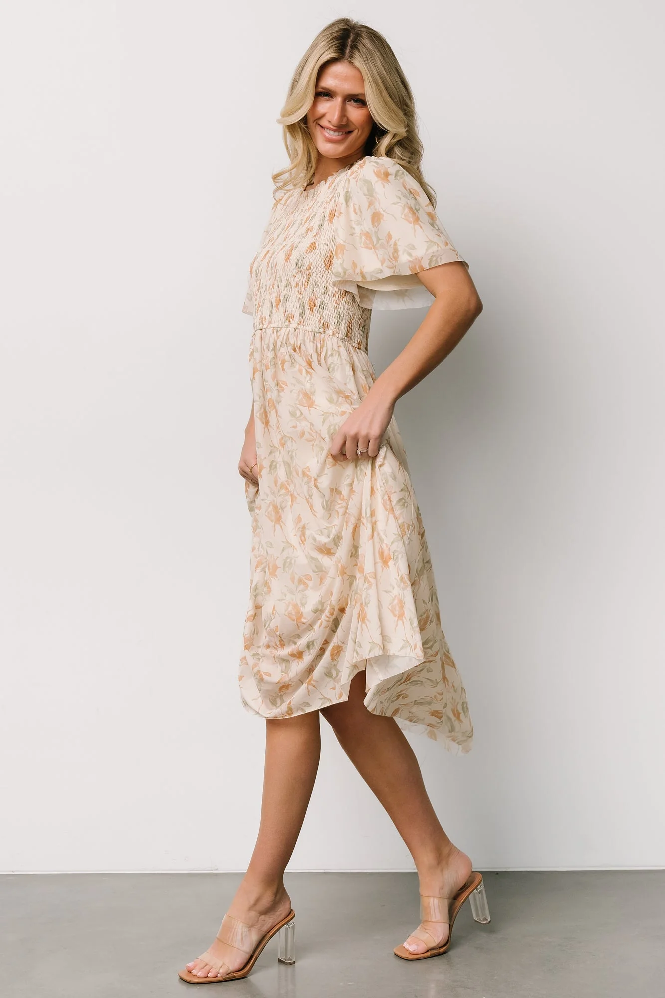 Bailey Smocked Midi Dress | Ivory + Golden Floral - Jamouz