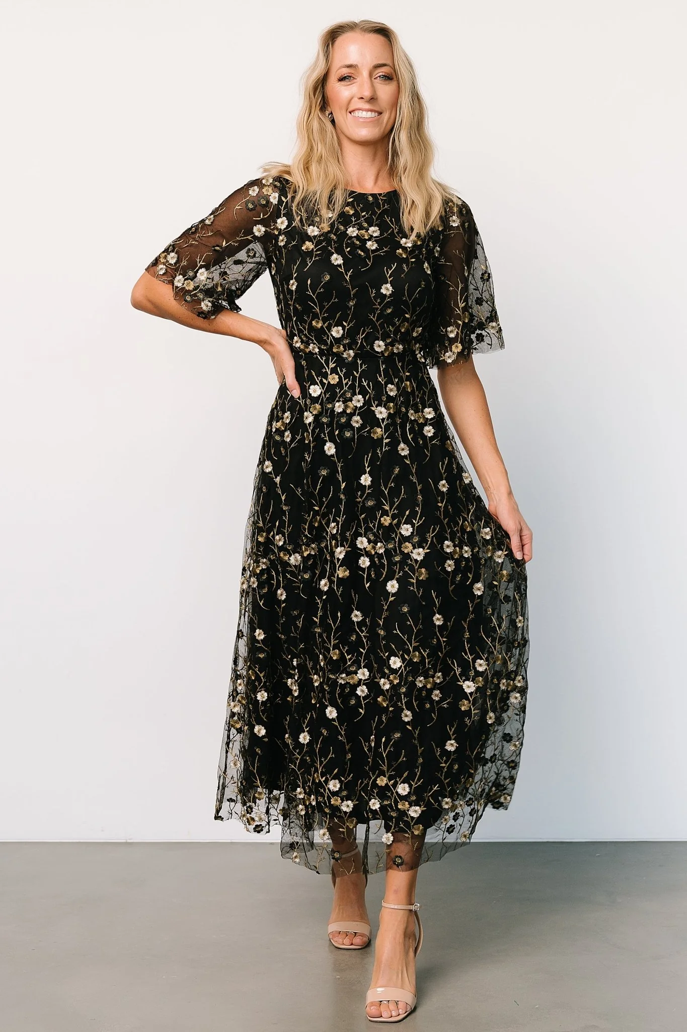 Arabella Embroidered Tulle Maxi Dress | Gold + Black - Jamouz