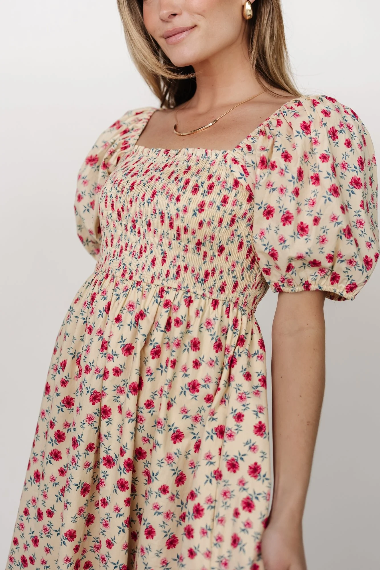 Haddie Smocked Midi Dress | Cream + Rose Floral - Jamouz