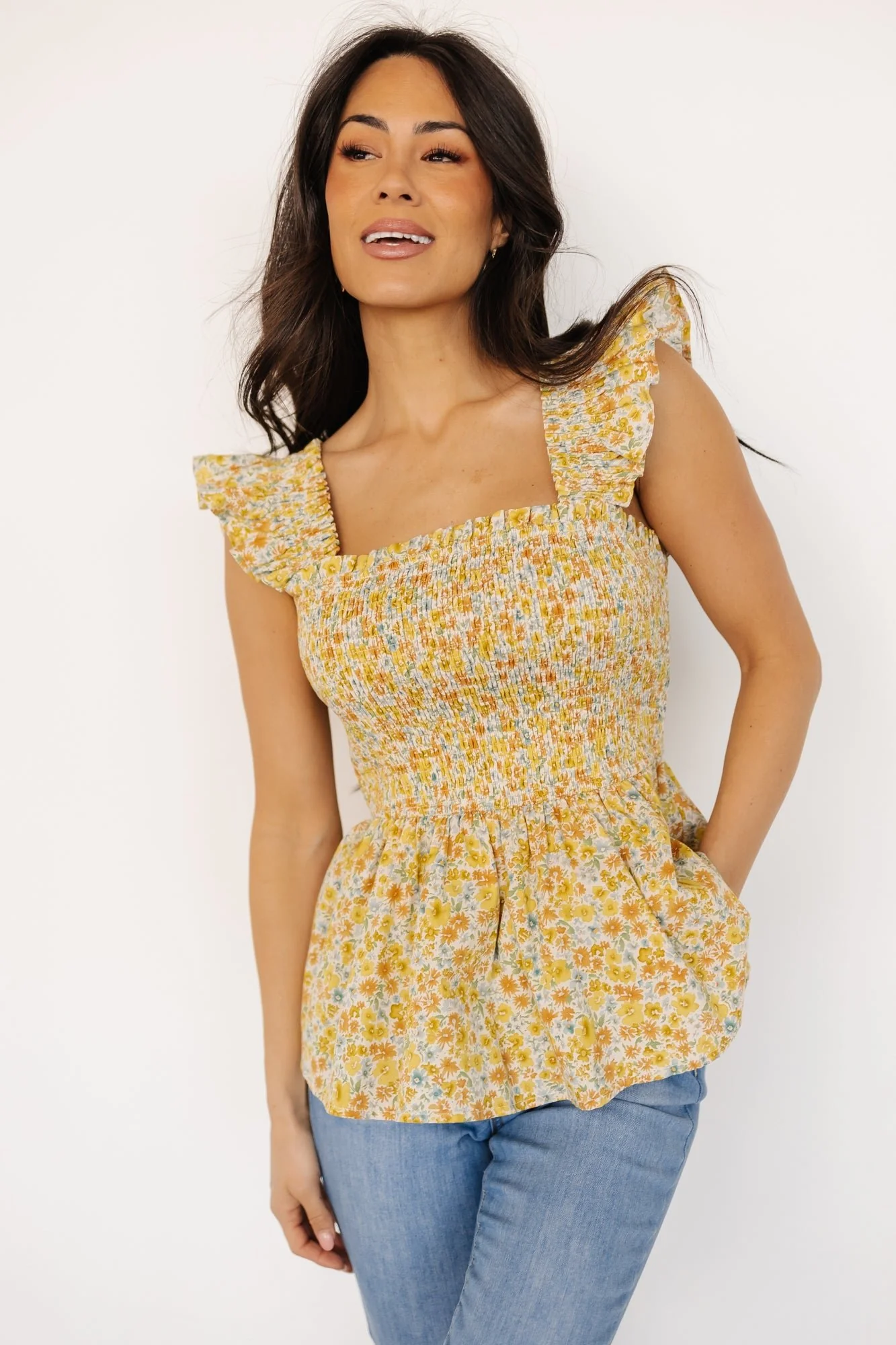 Ida Peplum Top | Golden Multi Floral - Jamouz