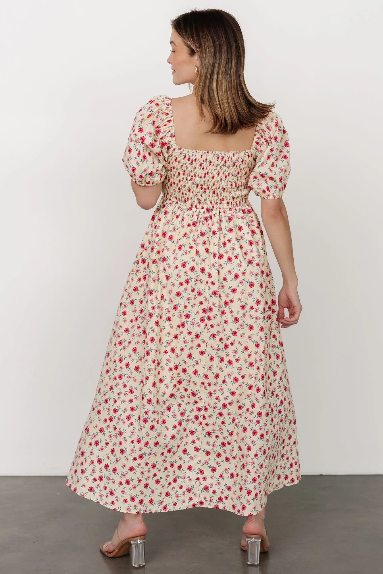 Haddie Smocked Midi Dress | Cream + Rose Floral - Jamouz