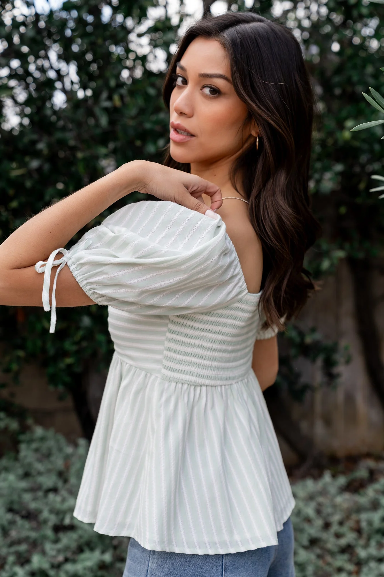 Betsy Peplum Top | Green+ White Stripe - Jamouz