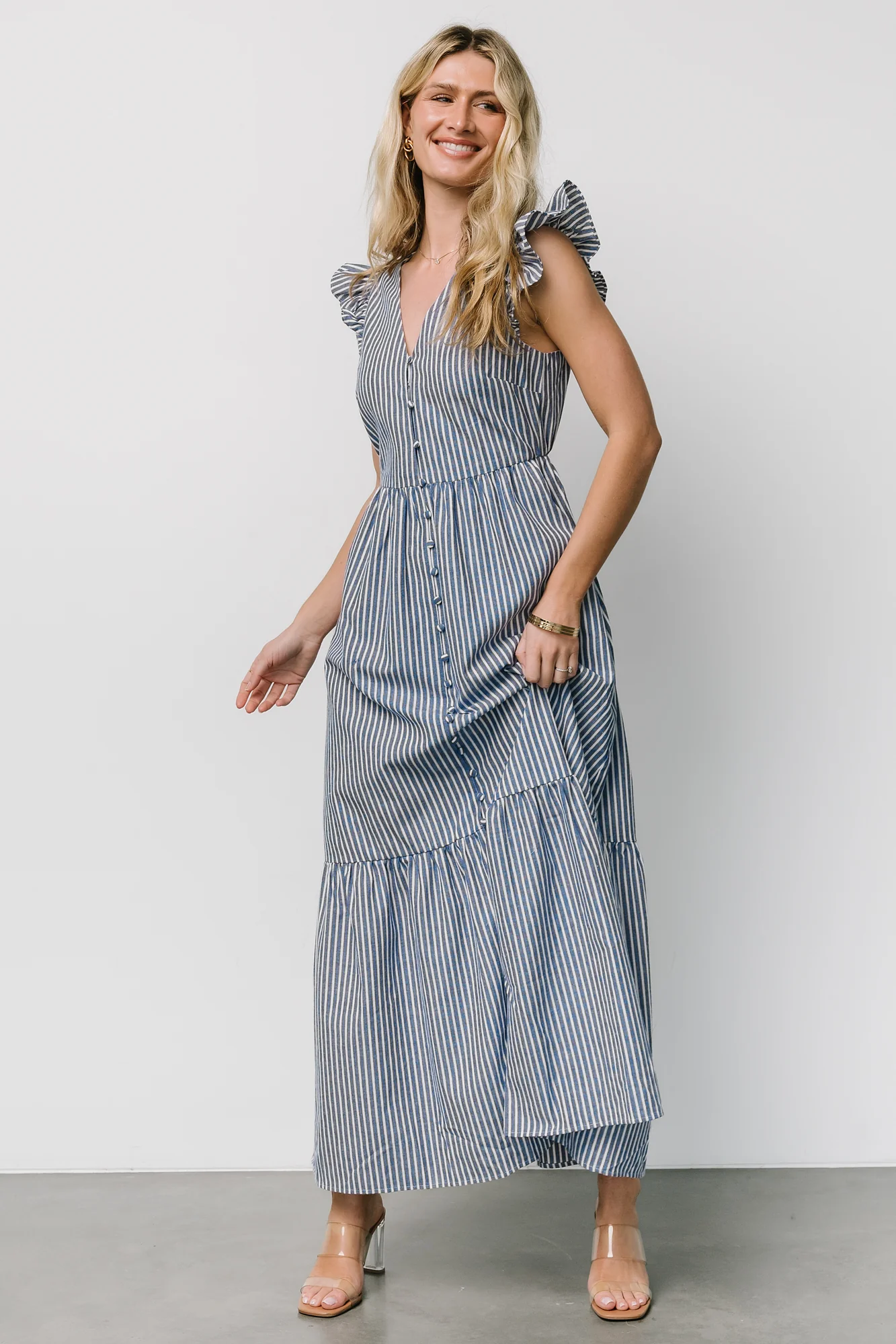 Hettie Button Maxi Dress | Blue Stripe - Jamouz