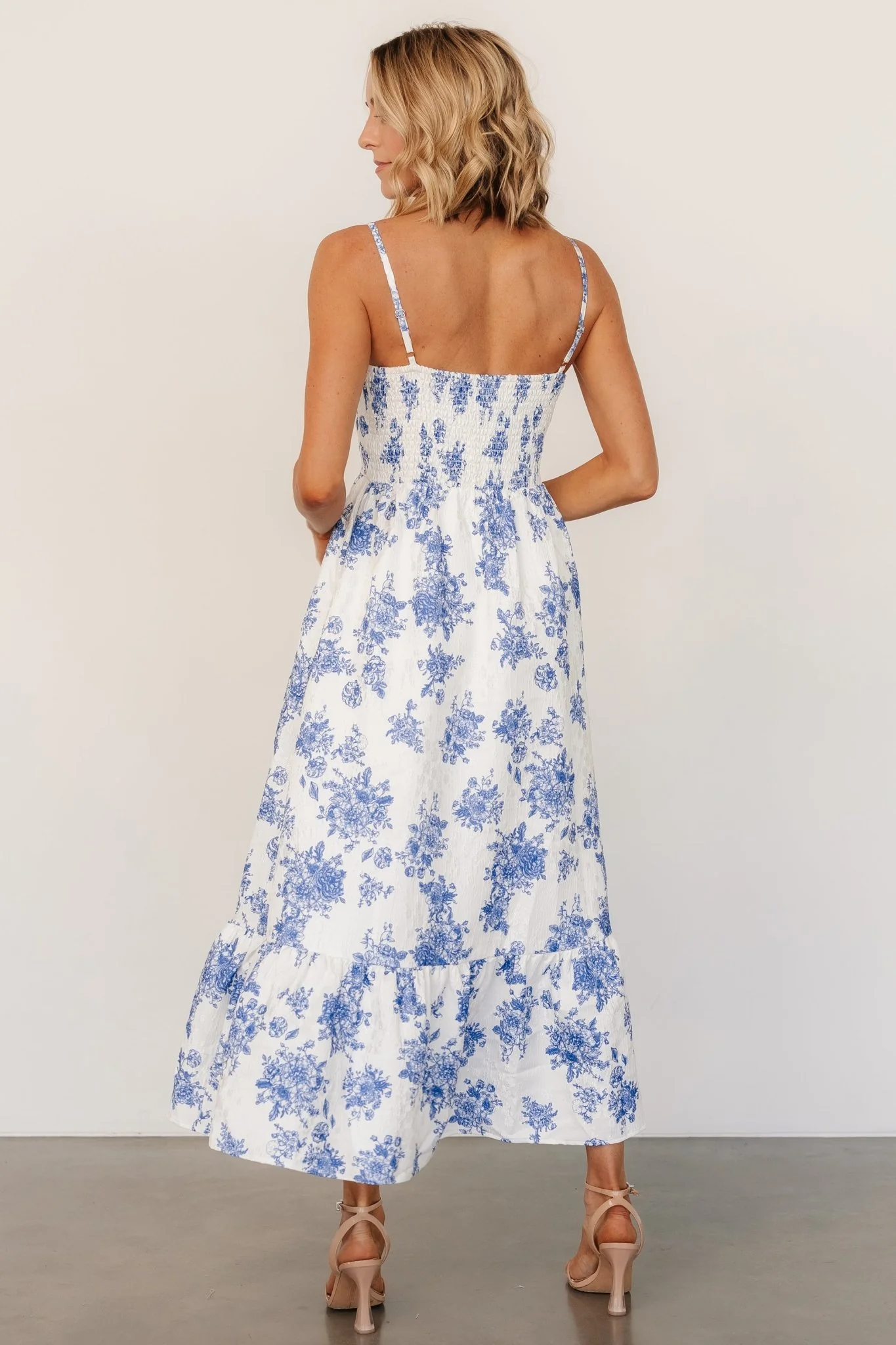 Cherie Jacquard Dress | Off White + Blue Floral - Jamouz