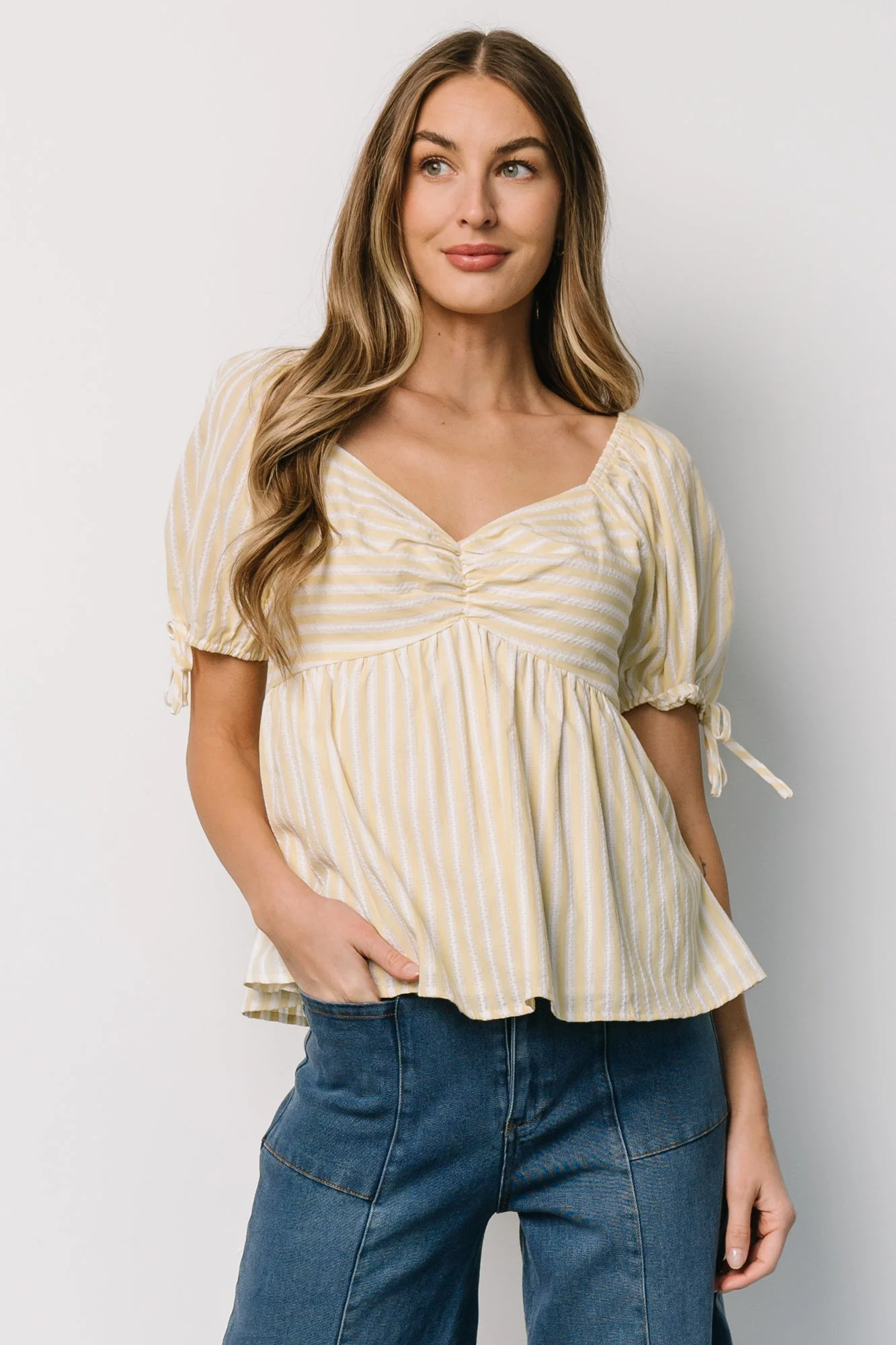 Betsy Peplum Top | Yellow + White Stripe - Jamouz