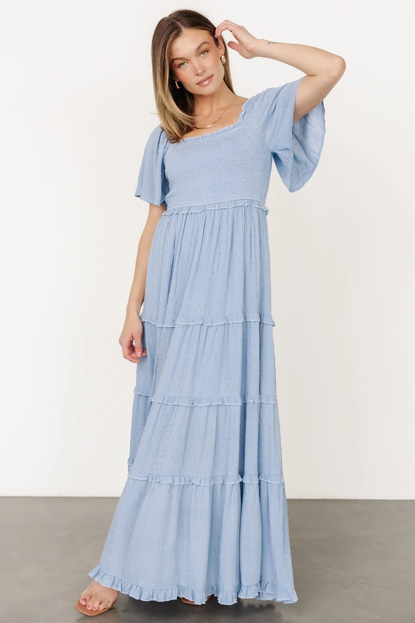 Lenora Smocked Dotted Maxi Dress | Dusty Blue - Jamouz