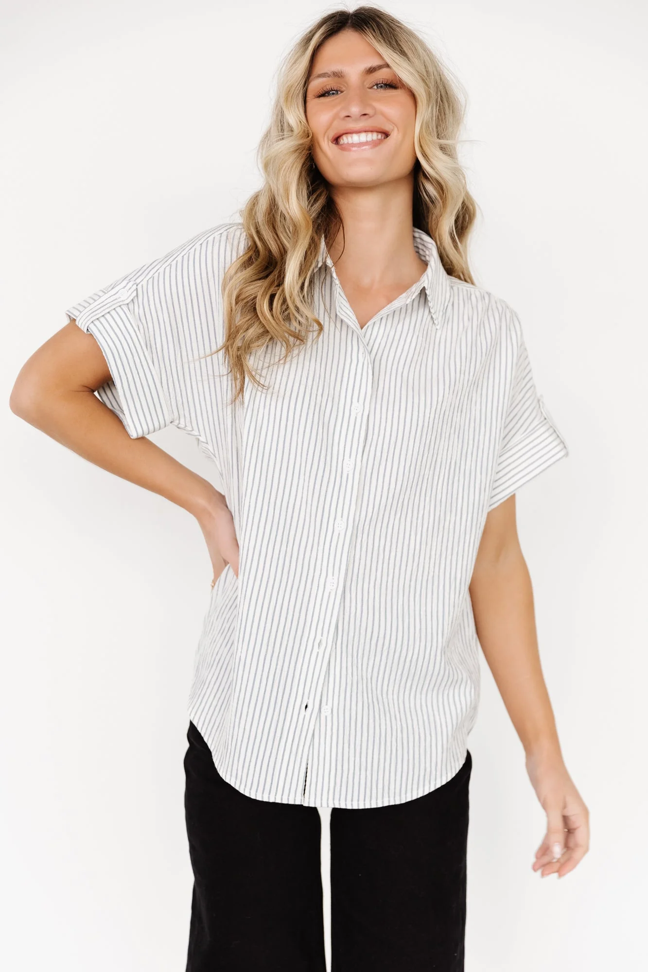 Draya Button Up Top | Light Blue Stripe - Jamouz