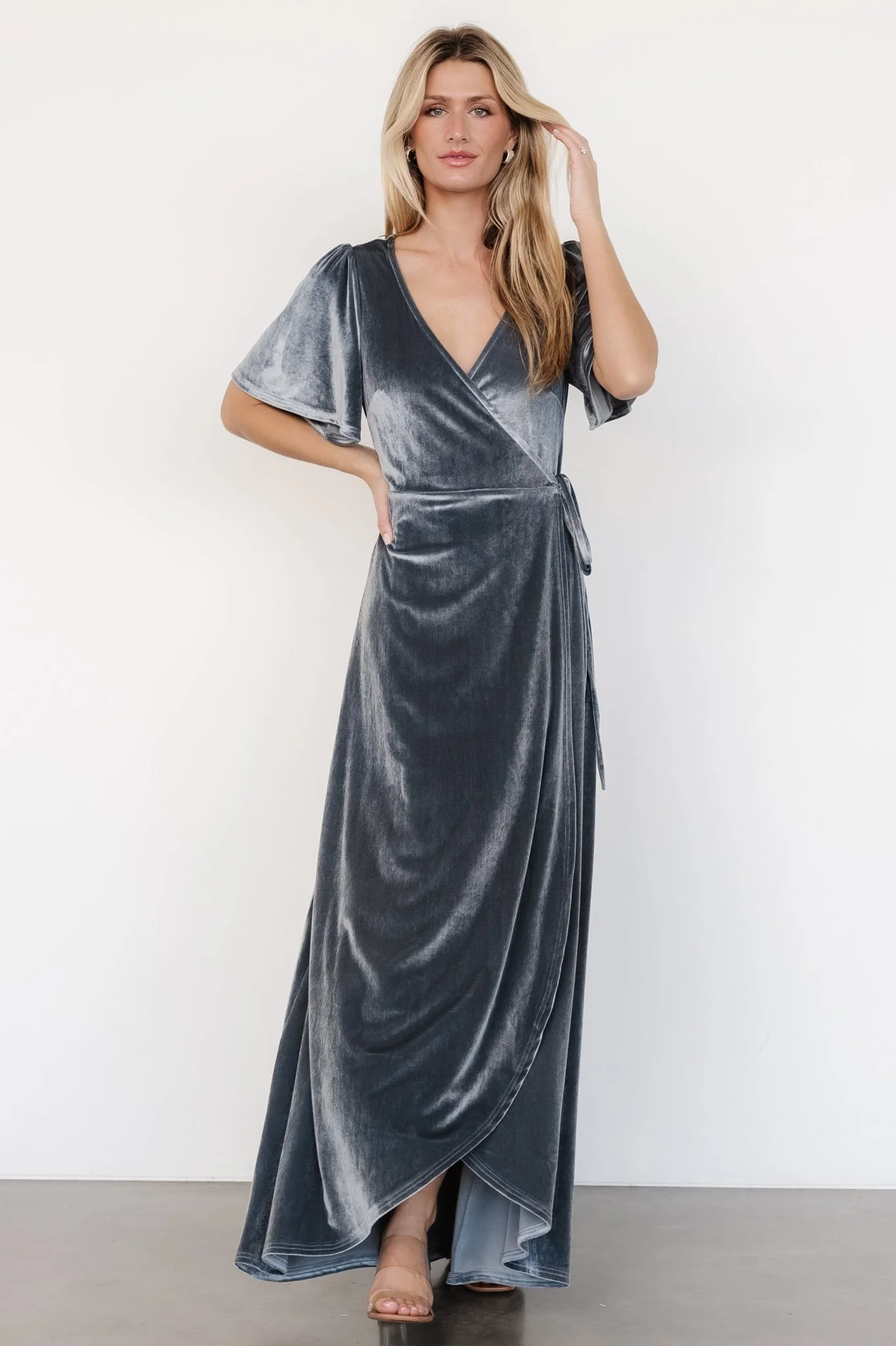 Katelyn Velvet Maxi Wrap Dress | Dusty Blue - Jamouz