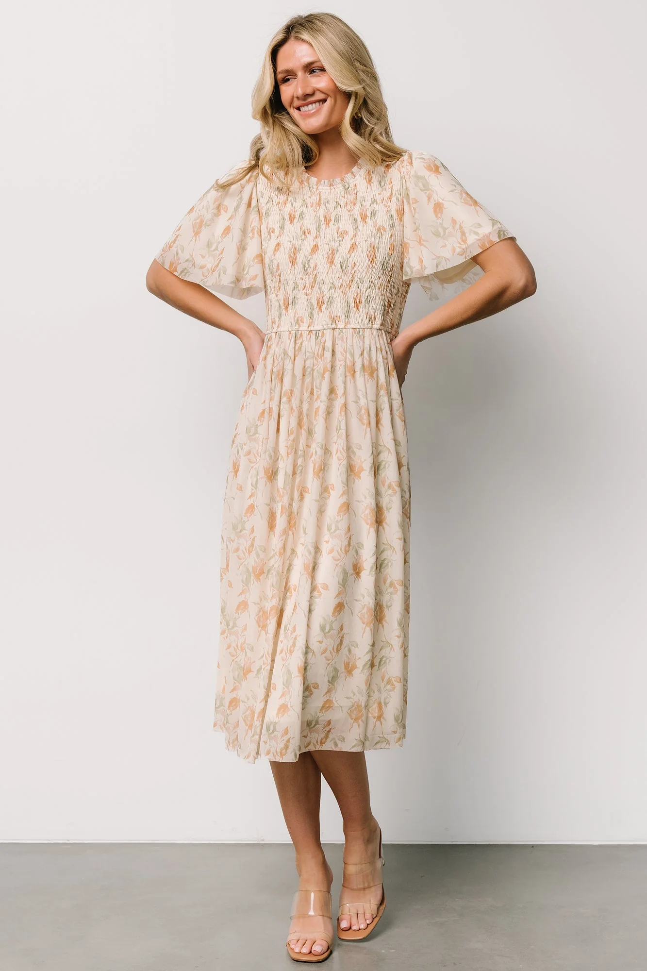 Bailey Smocked Midi Dress | Ivory + Golden Floral - Jamouz