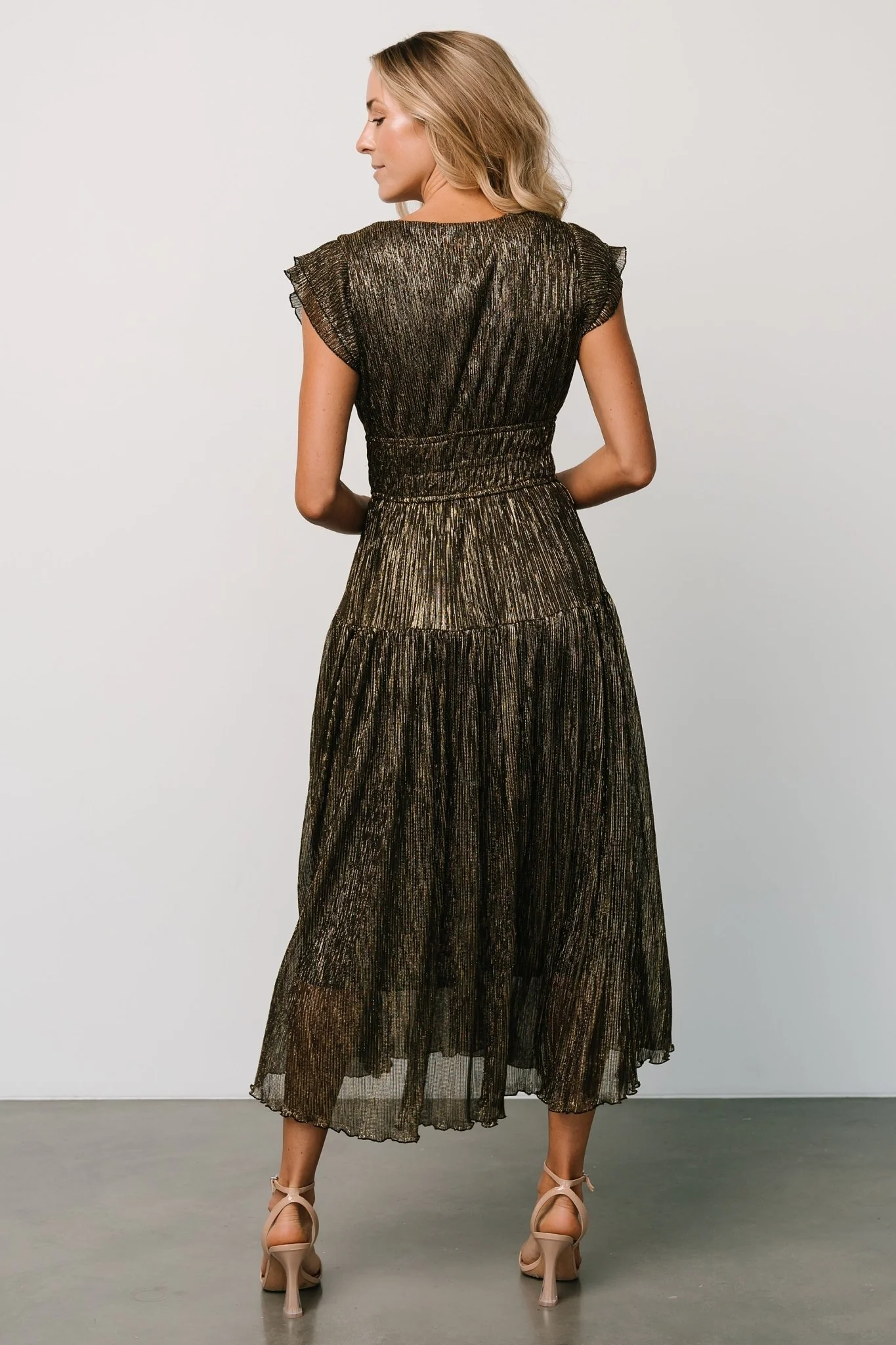 Miley Pleated Shimmer Dress | Gold - Jamouz